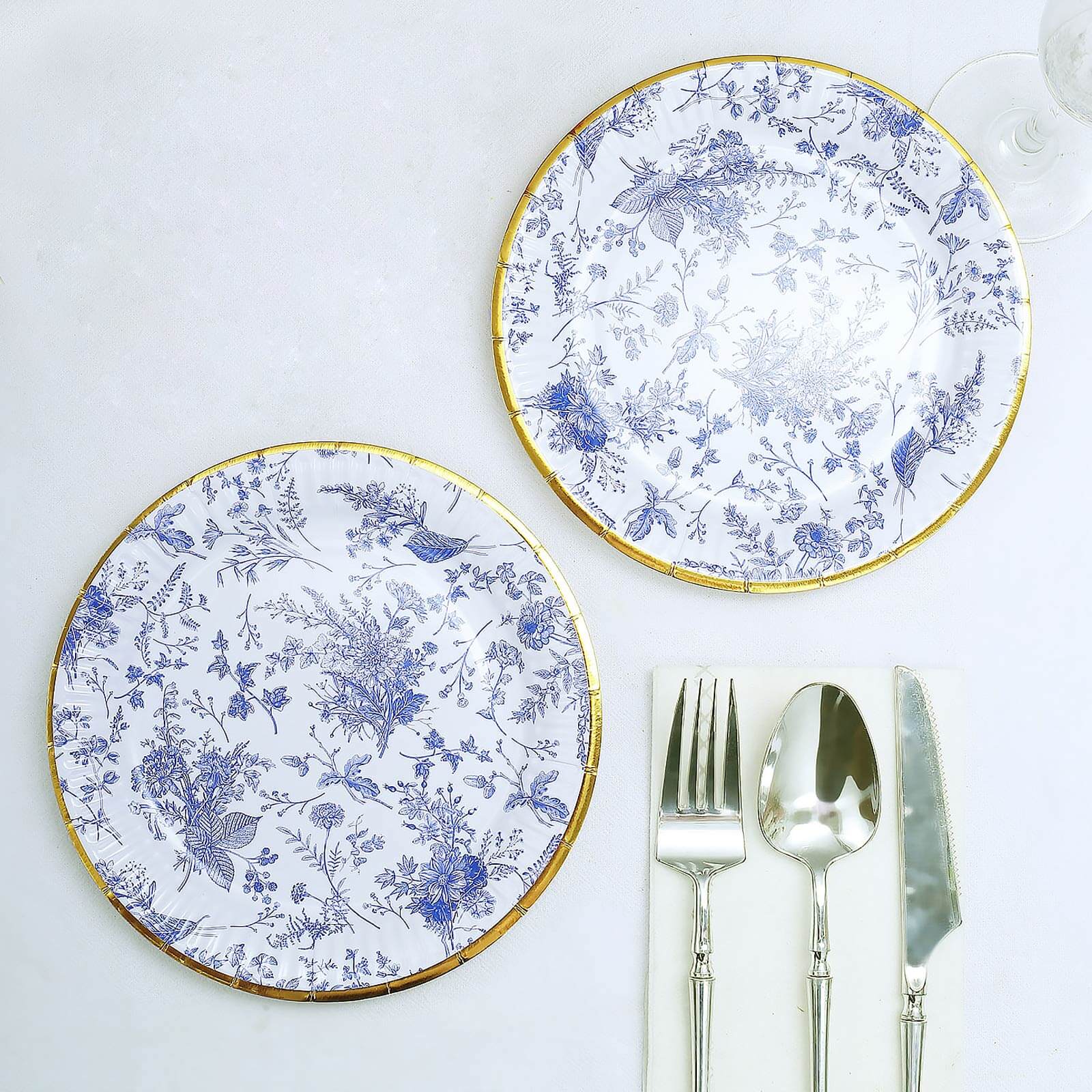 25-Pack Paper 7" Round Dessert Plates in White with Light Blue French Toile Pattern & Gold Rim - Disposable Salad Appetizer Plates for Luncheons & Garden Themes