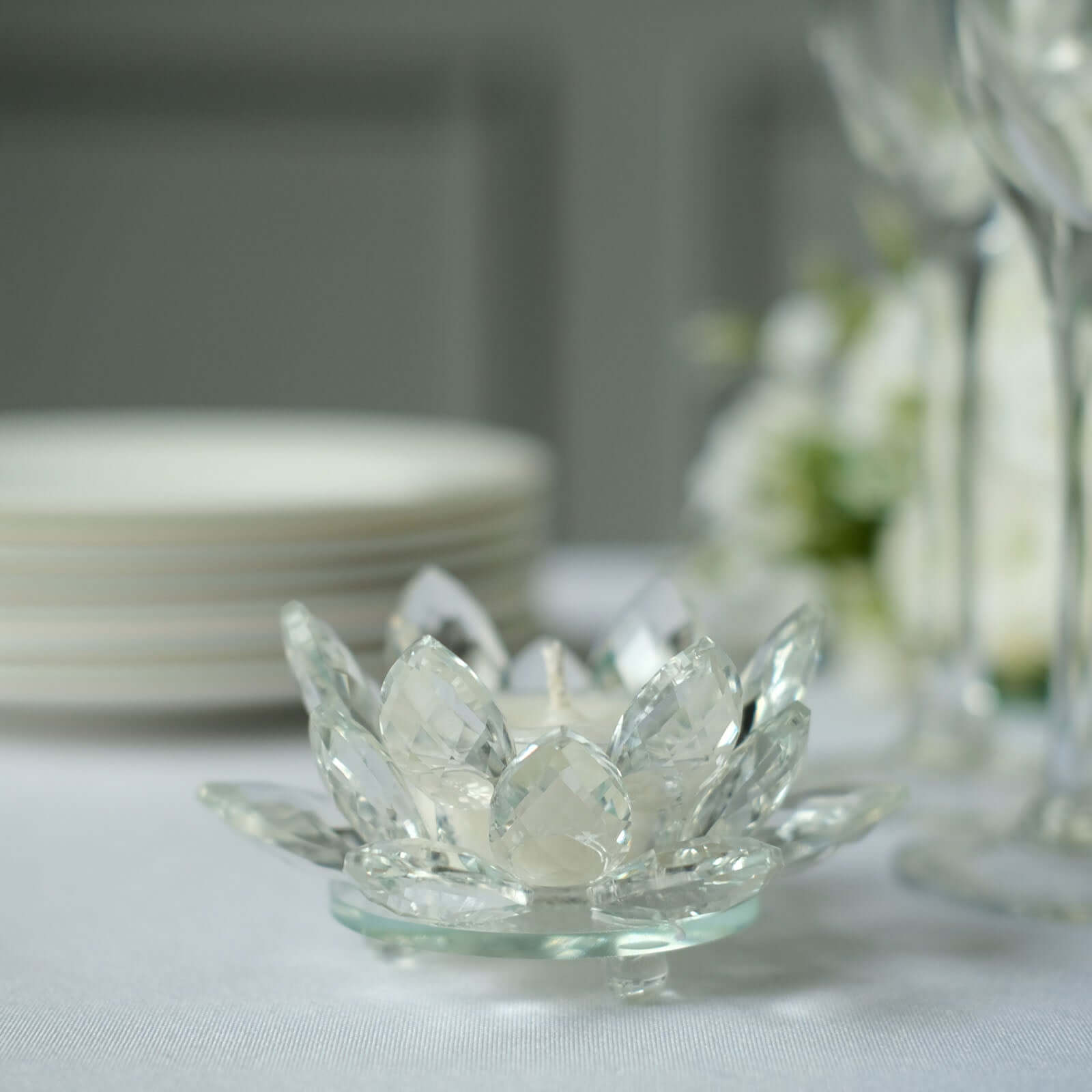 2 Pack Clear 4.5" Crystal Glass Lotus Flower Votive Candle Holders, Tealight Taper Candle Stands