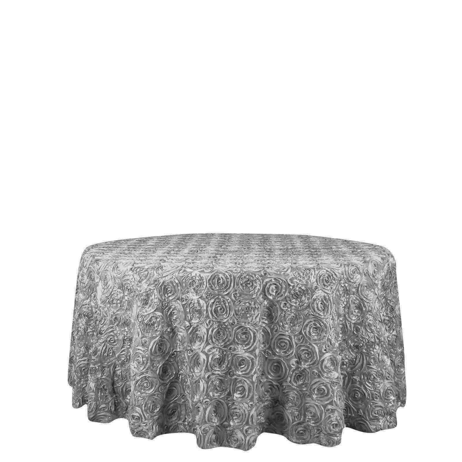 Satin 120" Round Tablecloth Silver - Grandiose 3D Rosette Design with Seamless Finish for Luxe Events