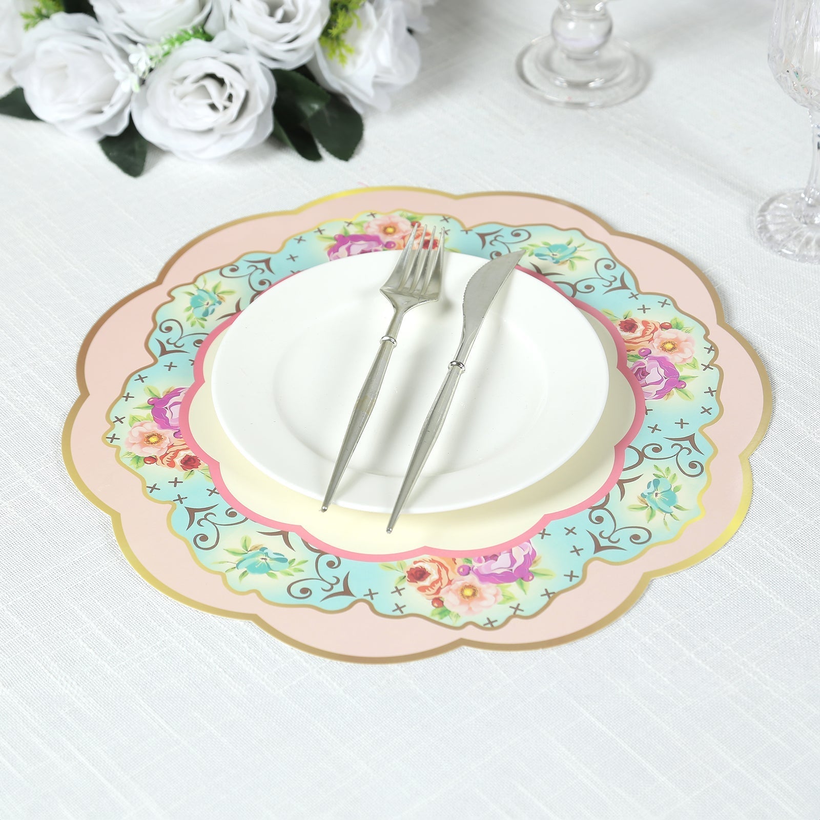 24-Pack Disposable Table Placemats in Assorted Floral Designs with Scalloped Rim - 400GSM Cardboard Placemats for Tea Party & Garden Themes 13"