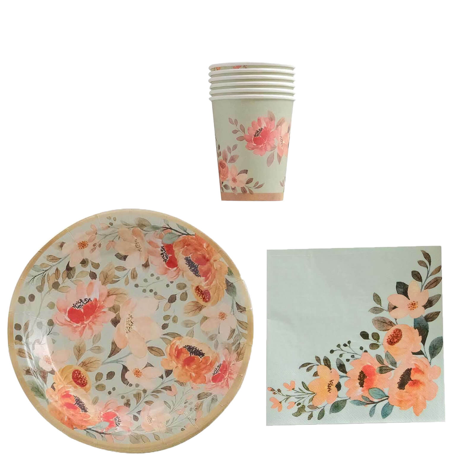 72 Pcs Paper Dinnerware Set with Pink Floral Print Sage Green - Disposable Tableware Combo-Pack with Plates and Cups