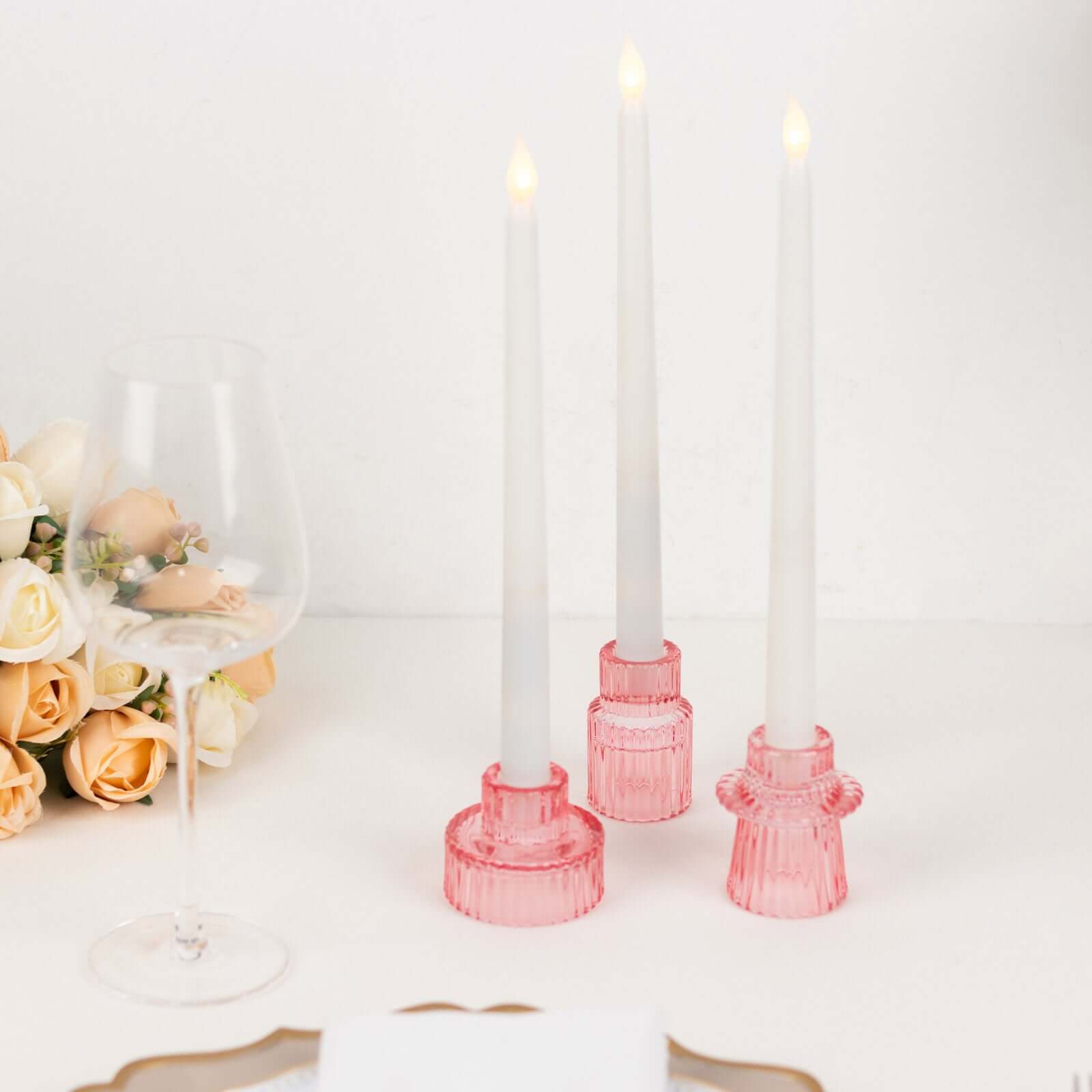 Set of 6 Glass Taper Candle Holders Ribbed Crystal Design Pink - Reversible Mini Votive Tealight Stands 3"