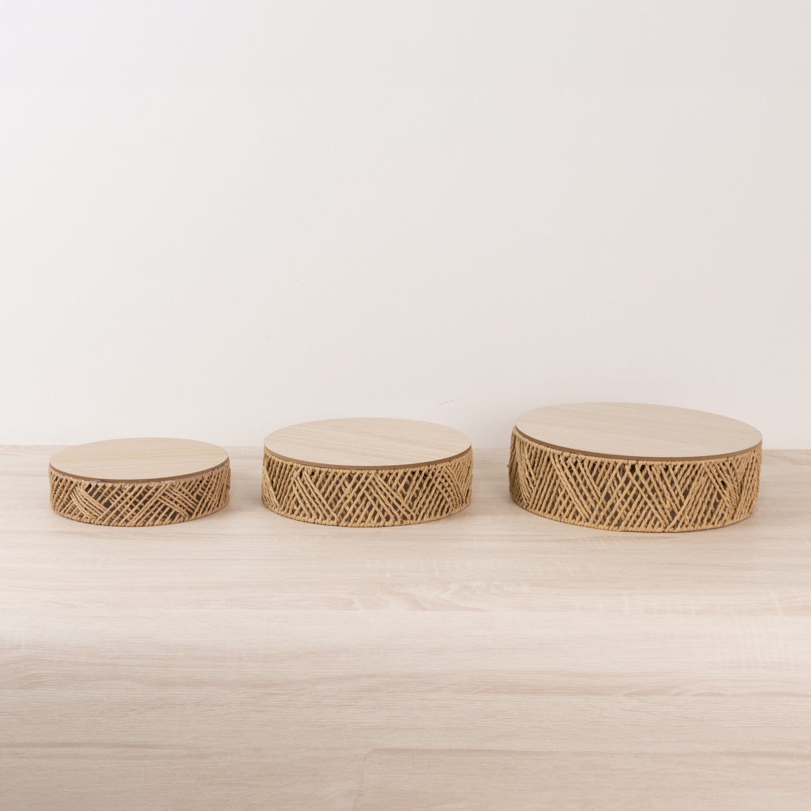 Set of 3 Pedestal Cake Stands Jute Rattan with Wooden Top Plates Natural - Stackable Round Rustic Farmhouse Design 10", 12", 14"
