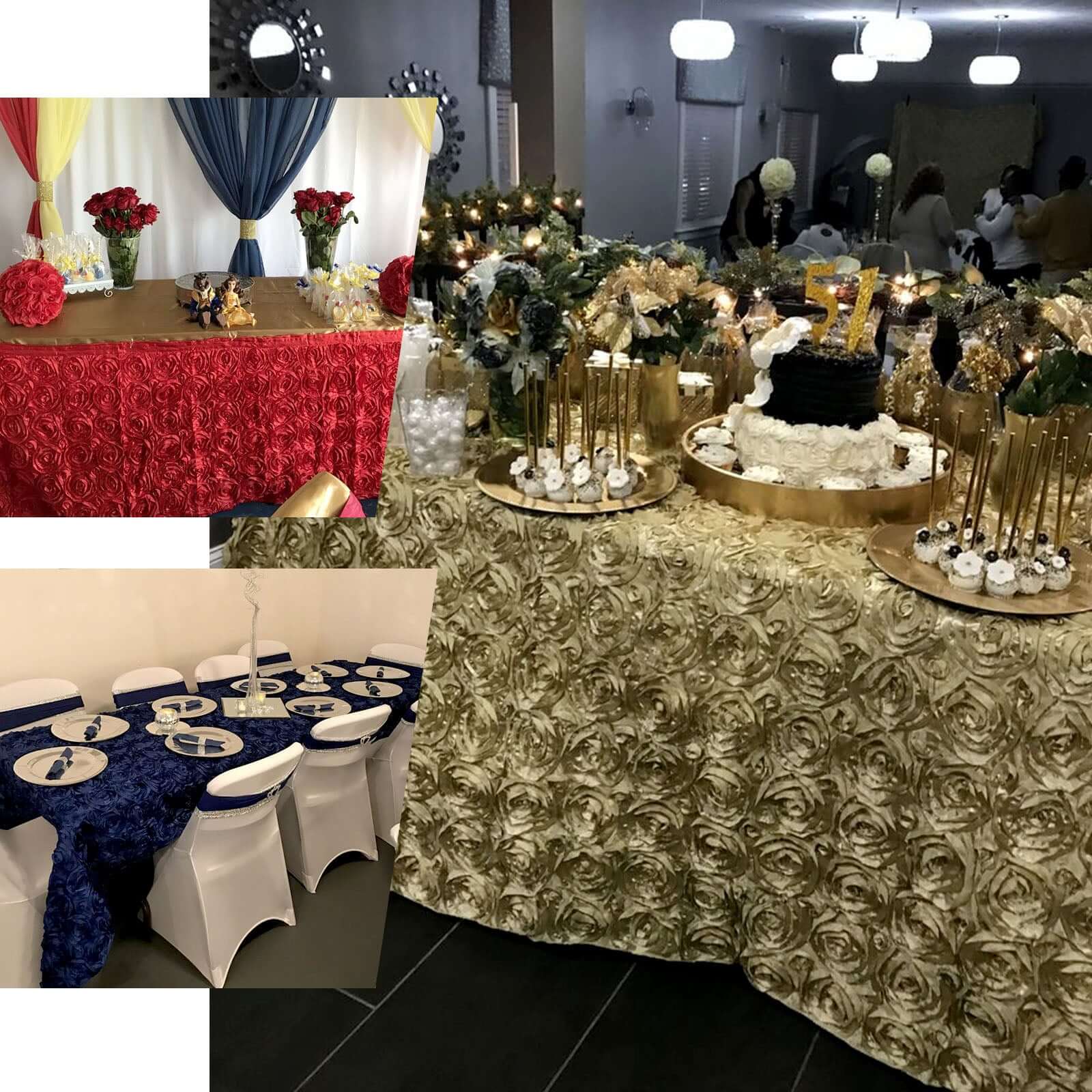 Satin 90"x156" Rectangle Tablecloth Red - Grandiose 3D Rosette Table Cover with Seamless Finish
