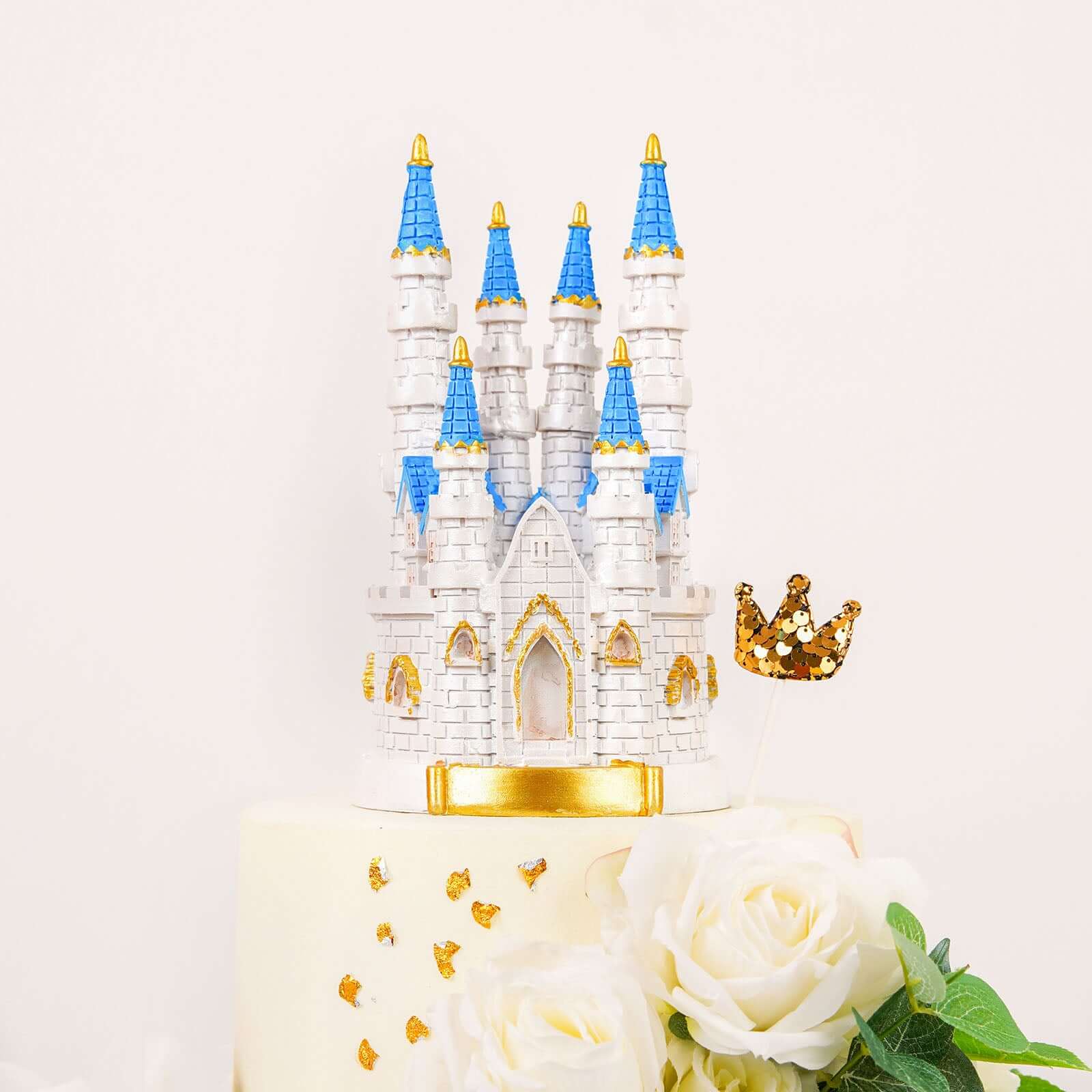 Cake Topper Figurine Fairytale Princess Castle Design Blue and White - Decoration for Baby Showers 8.5"