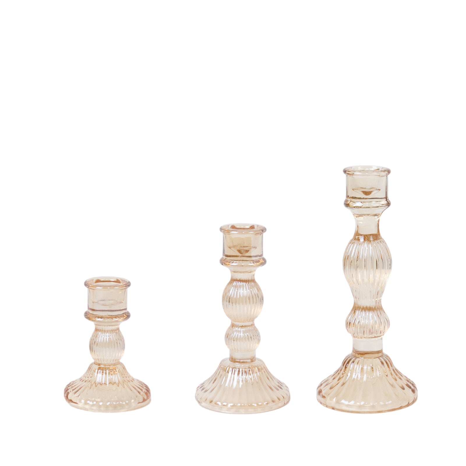 Set of 3 Amber Gold Ribbed Glass Taper Candlestick Holders, Fluted Crystal Candle Stands - 4", 6", 8"