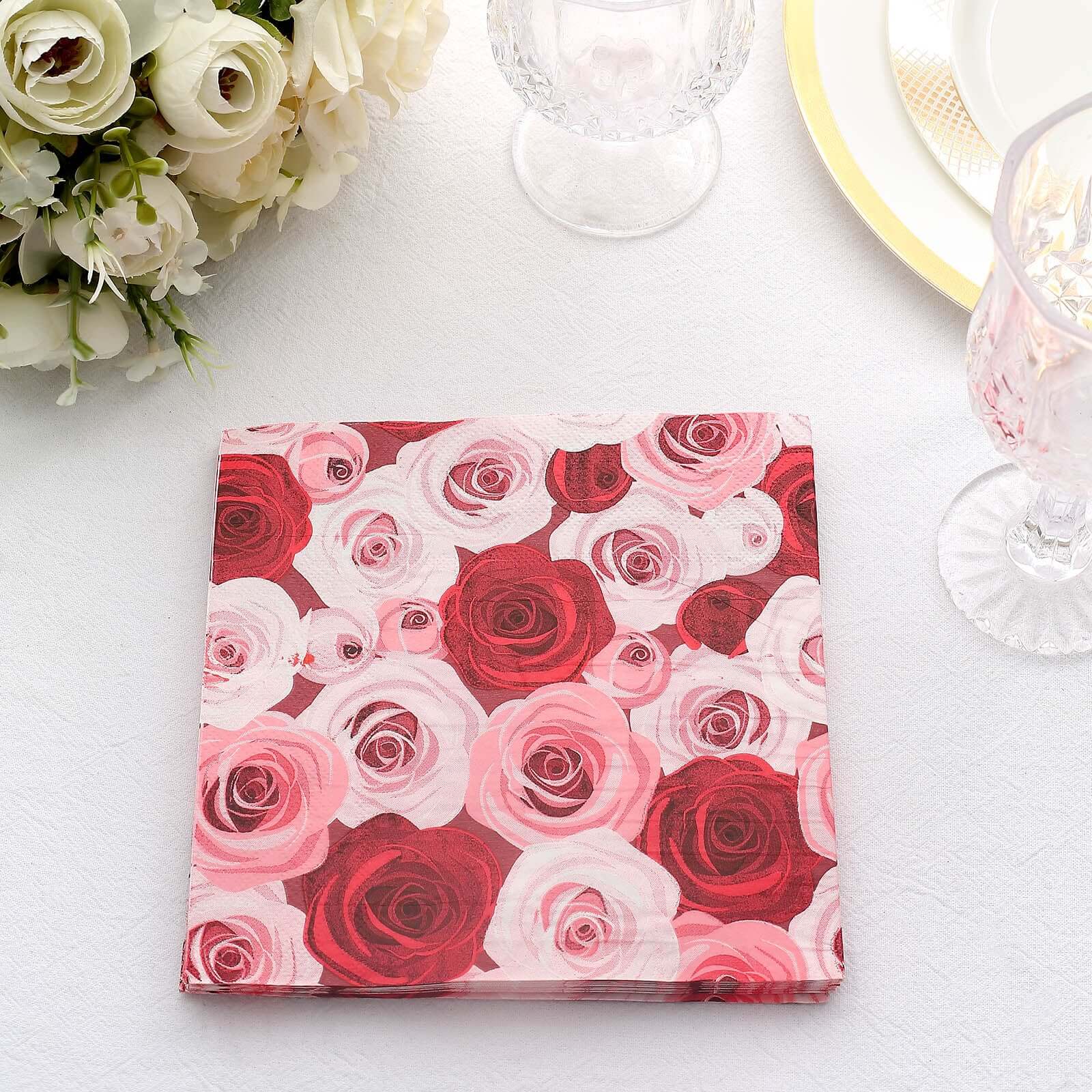 50-Pack Paper Beverage Napkins with Floral Design Red/Pink - 2 Ply Soft 18GSM Rose Garden Wedding Napkins 6.5"x6.5"