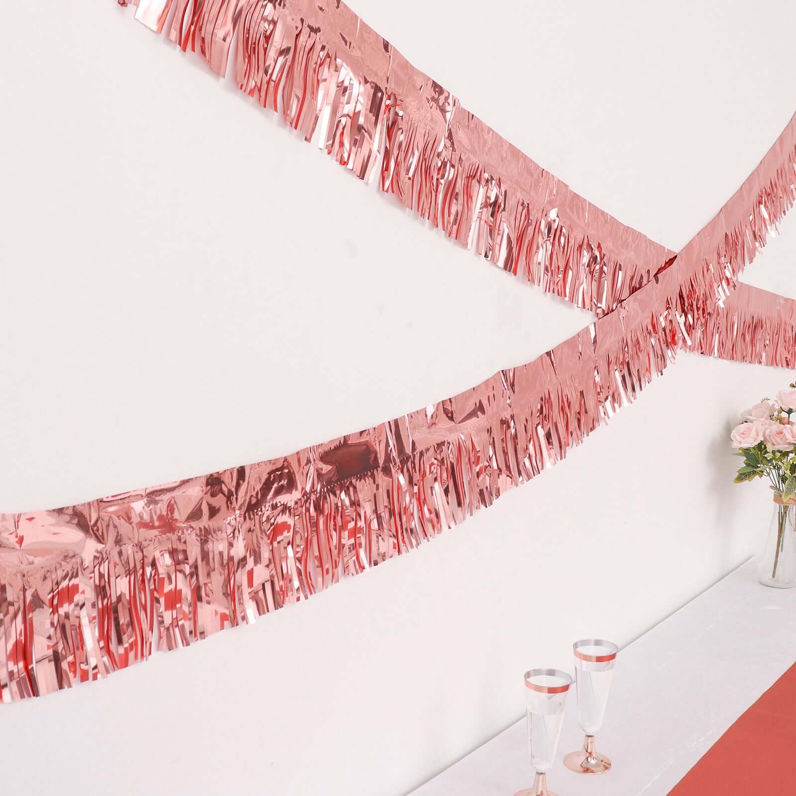 16ft Metallic Rose Gold Foil Tassel Fringe Backdrop Banner, Tinsel Garland Decor