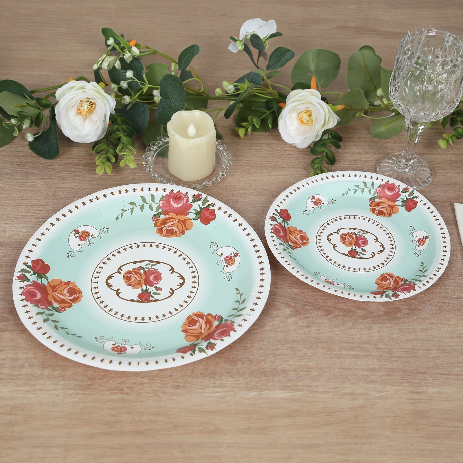 25-Pack Paper 7" Round Dessert Plates in Turquoise with Vintage Rose Flower Print - Disposable Appetizer Salad Plates