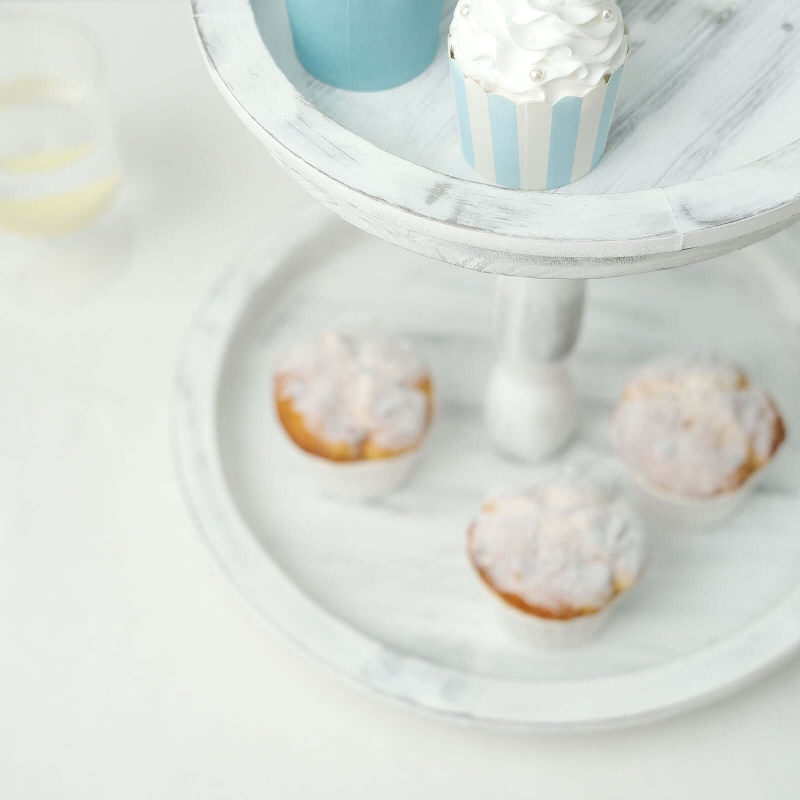 2-Tier Wooden Serving Tray Stand Rustic Whitewashed Design - Farmhouse Style Cupcake Display 20"