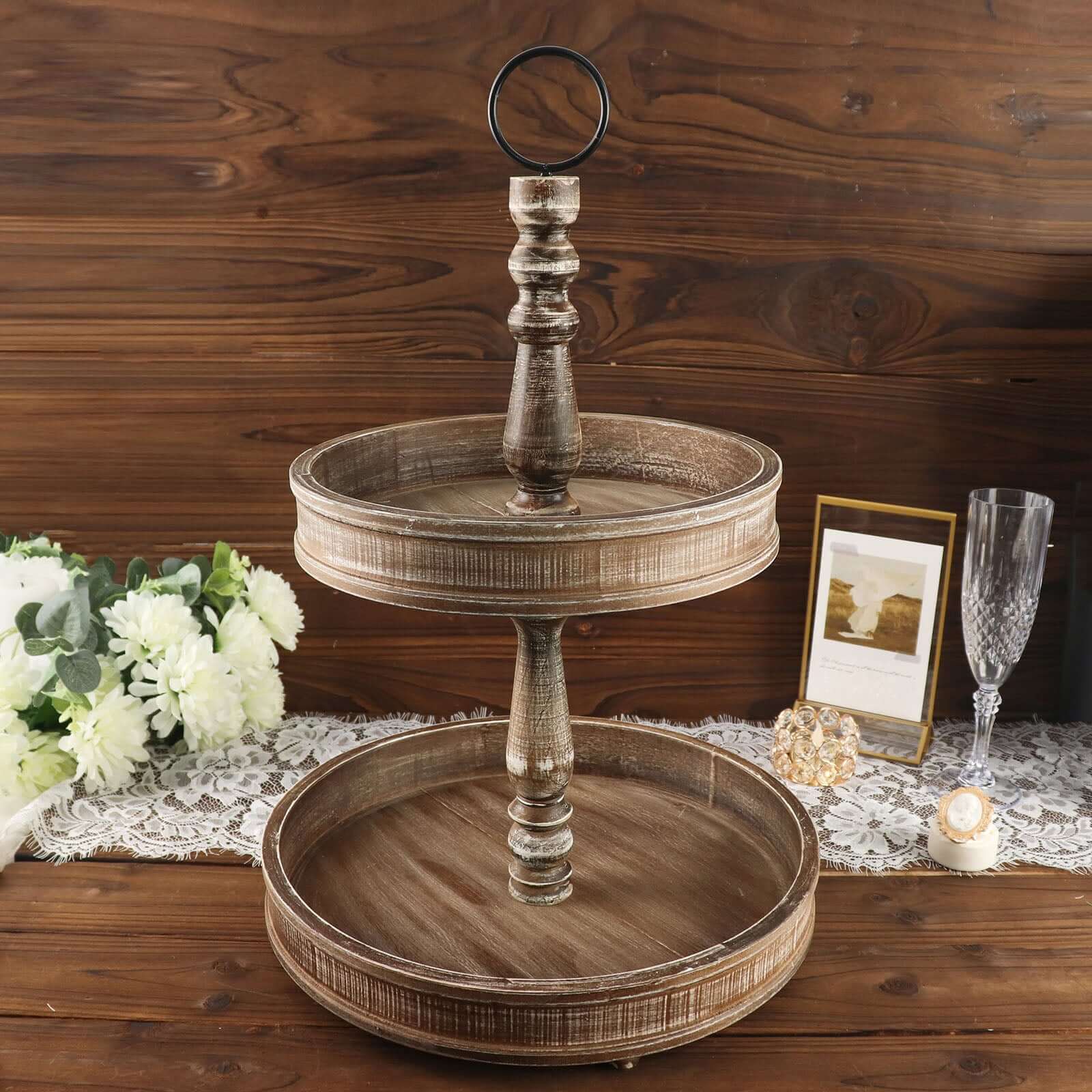 2-Tier Wooden Serving Tray Stand Rustic Brown Design - Farmhouse Style Cupcake Display 20"