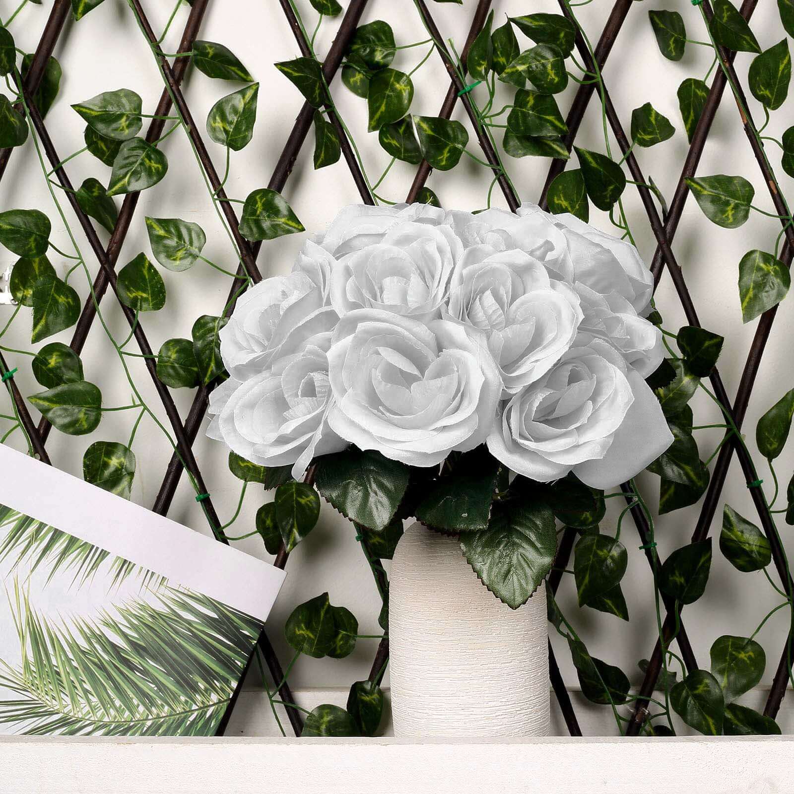12" Silver Artificial Velvet-Like Fabric Rose Flower Bouquet Bush