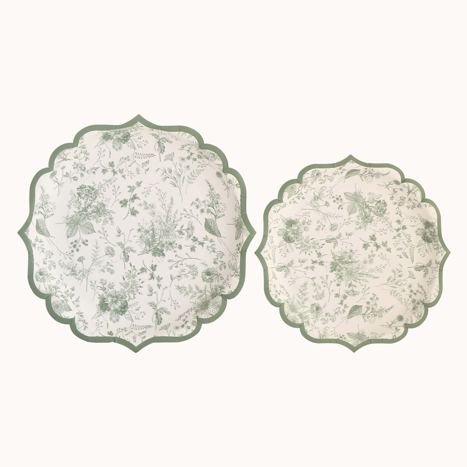 25-Pack Paper 10" Round Dinner Plates in White with Sage Green French Toile Design & Scalloped Rim - Disposable 300GSM Party Plates for Classy Events & Special Occasions
