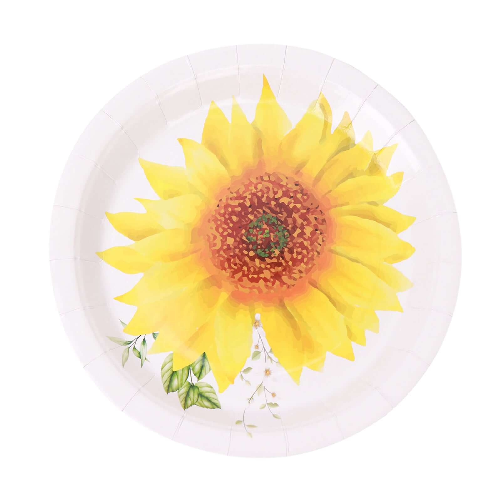 25-Pack Paper 9" Round Dinner Plates in White with Sunflower Design - Disposable Party Plates for Rustic Events & Garden Themes