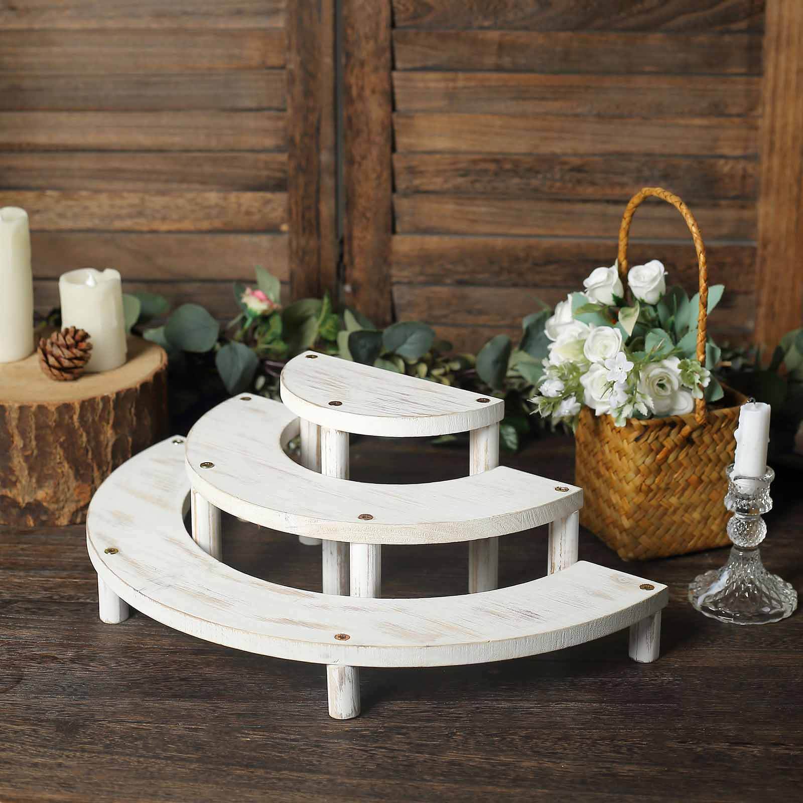 Set of 3 Wooden Dessert Pedestals Rustic Whitewashed 3-Tier Semicircle Design - Half Moon Cupcake Display Risers 7", 13", 18"