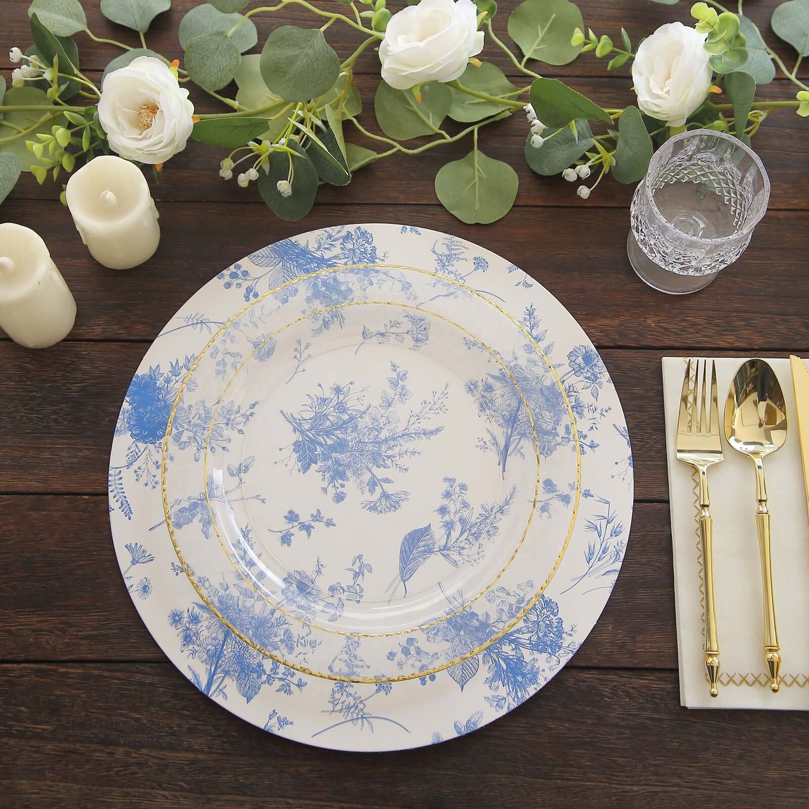 6-Pack Disposable Charger Plates in French Toile Print 13" in White/Blue - 700GSM Floral Paper Chargers for Stylish & Easy Cleanup