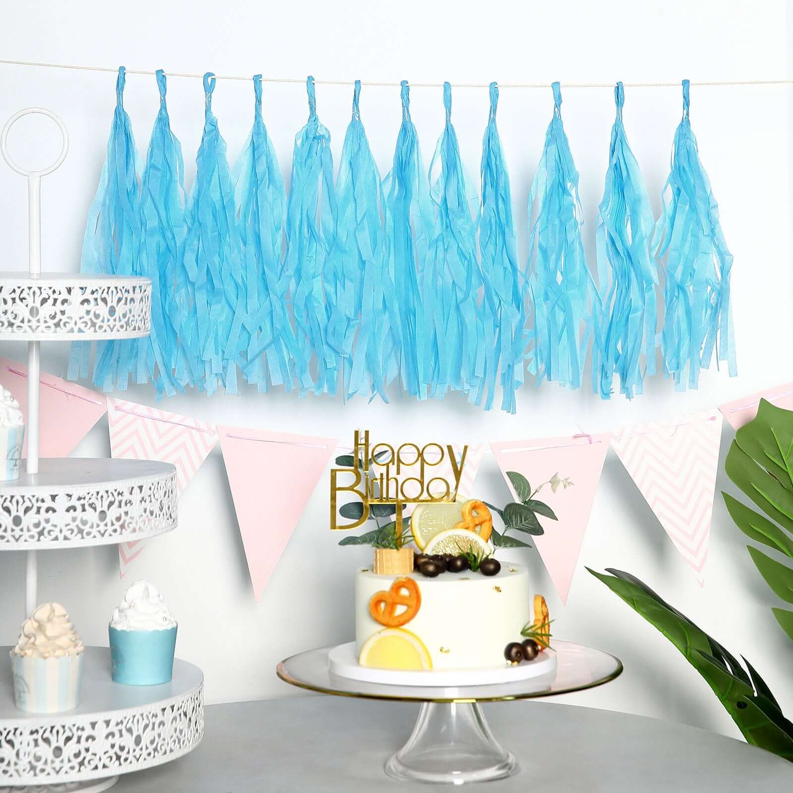 12 Pack Pre-Tied Turquoise Tissue Paper Tassel Garland With String, Hanging Fringe Party Streamer Backdrop Decor