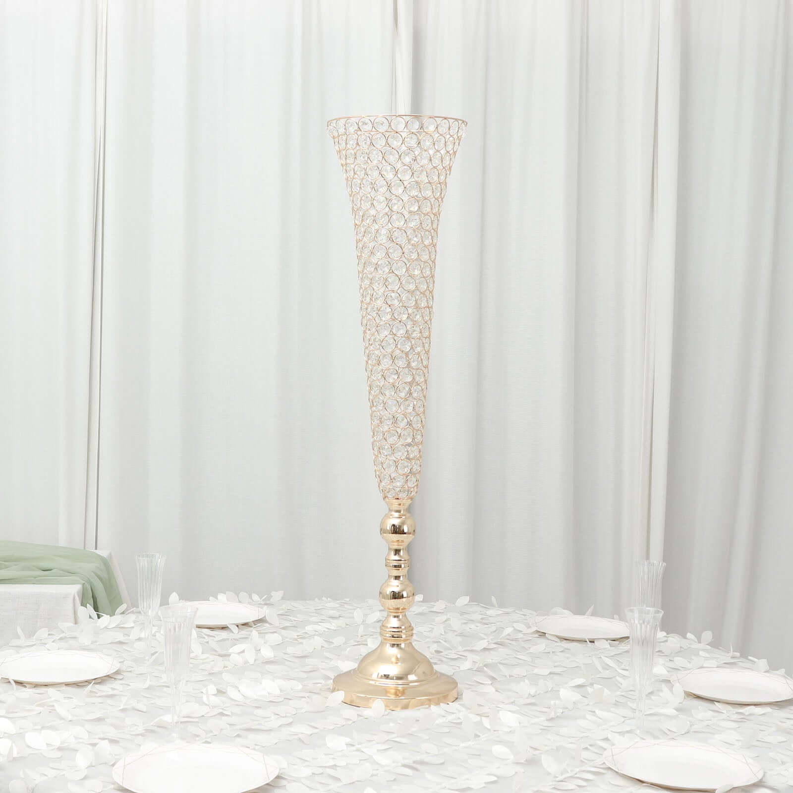 2-Pack Crystal Beaded Trumpet Vase Set Gold - Table Centerpiece for Grand Occasions 40"