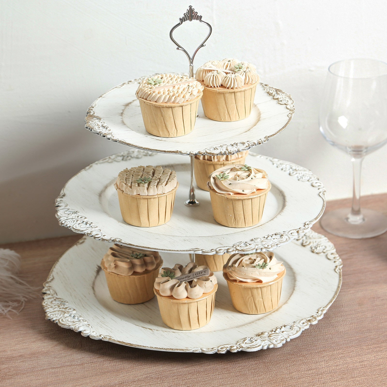 3-Tier Plastic Round Cupcake Stand Whitewashed - Vintage-Inspired Reusable Dessert Display Holder Tea Party Serving Tray Platter with Antique Gold Baroque Rim & Top Handle 13"