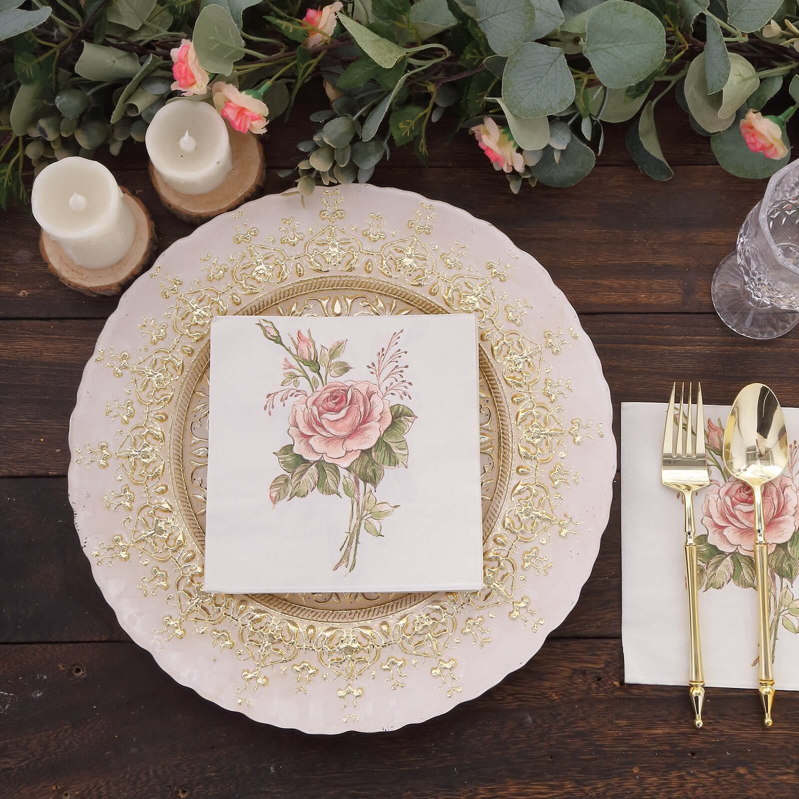 50-Pack Paper Beverage Napkins with Pink Floral Design Ivory - 2 Ply Soft 18GSM Rose Garden Wedding Napkins 6.5"x6.5"