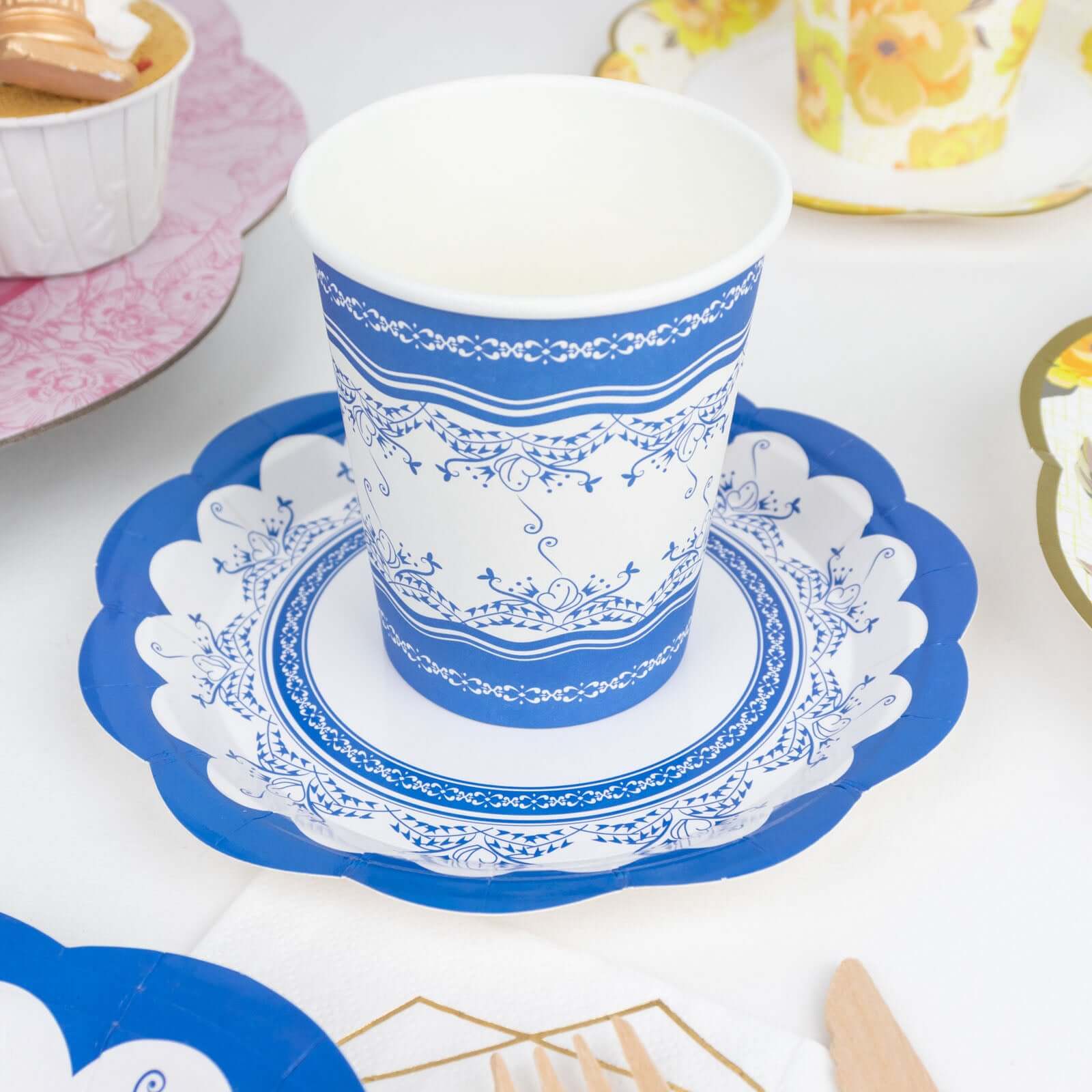 24-Pack Paper Cup and Saucer Set in Mixed Vintage Floral Print - Disposable Tea Party Supplies Kit for Baby Showers & Birthdays