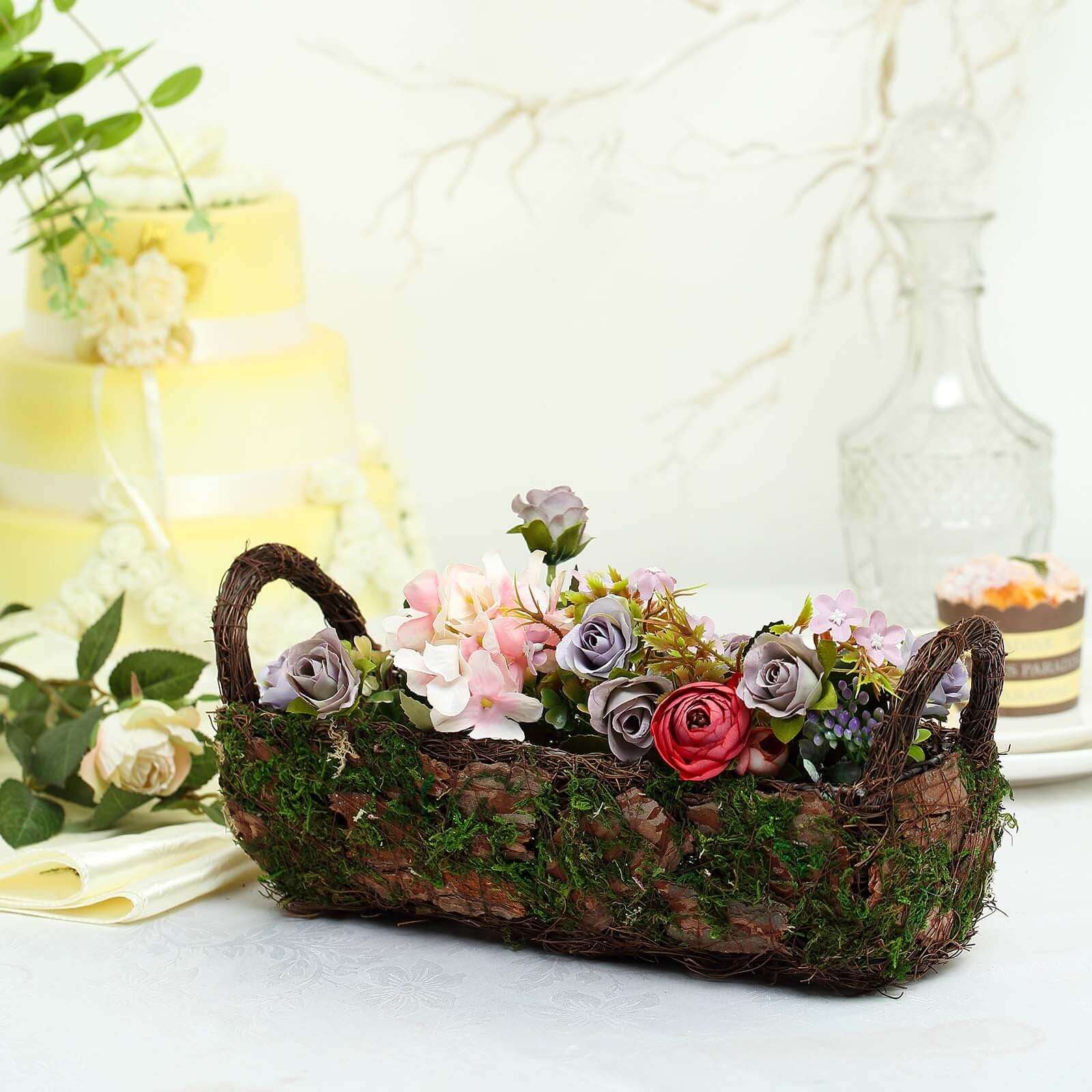 Set of 2 Rustic Planter Boxes Preserved Moss Log Shaped with Handle - Flower Basket Centerpieces 13", 15"