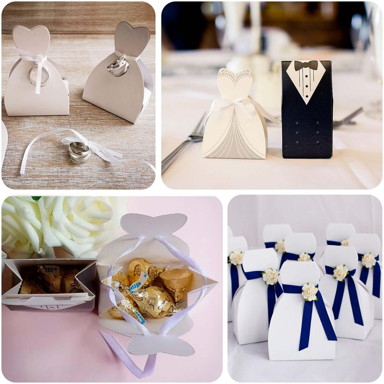 100 Pack White Wedding Dress Candy Gift Boxes, Party Favor Boxes with Ribbon Ties - 2.5"x3.5"