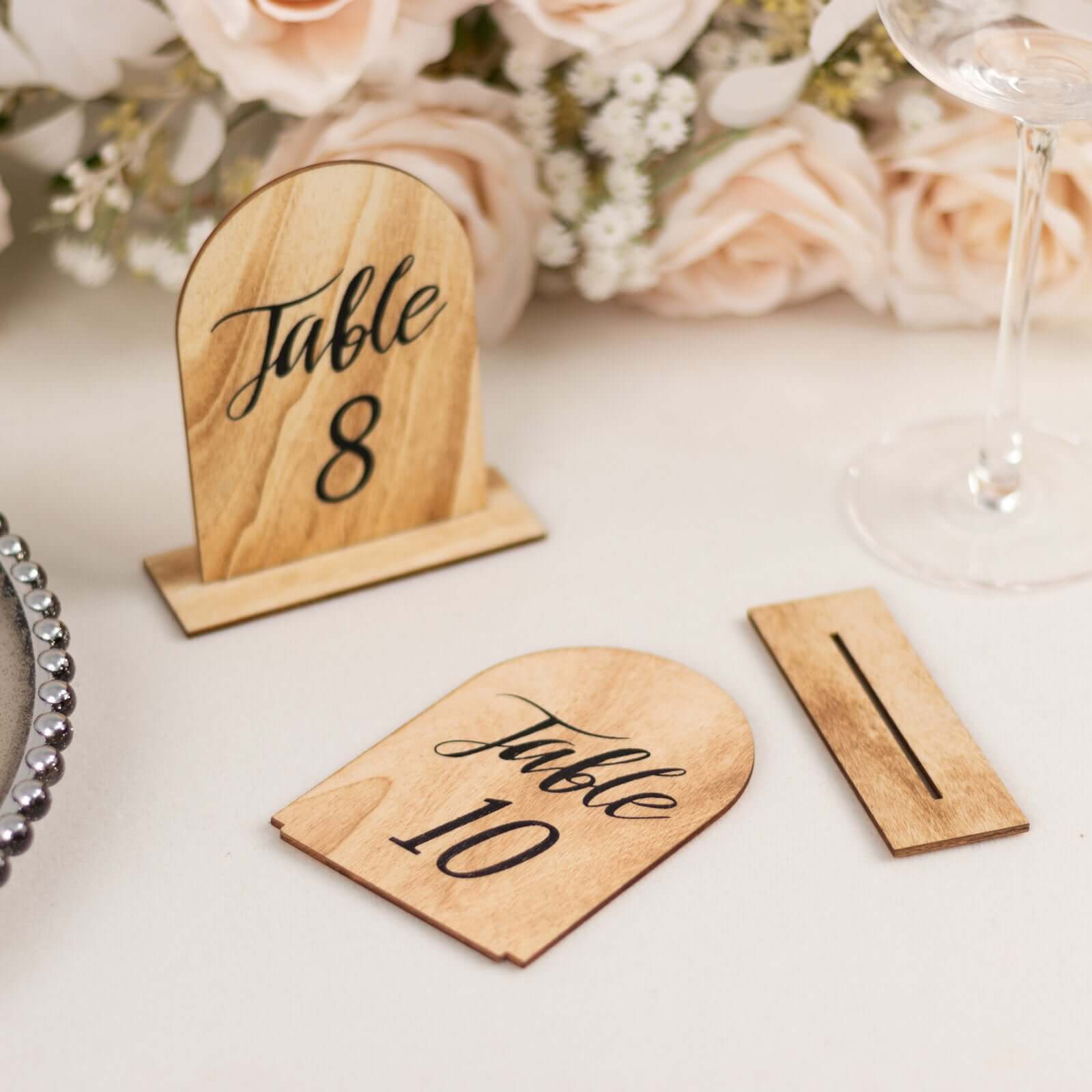 20-Pack Natural Wooden Table Numbers 1-20 Rustic Arch Design with Removable Base - Ideal for Banquets and Receptions 4.5"