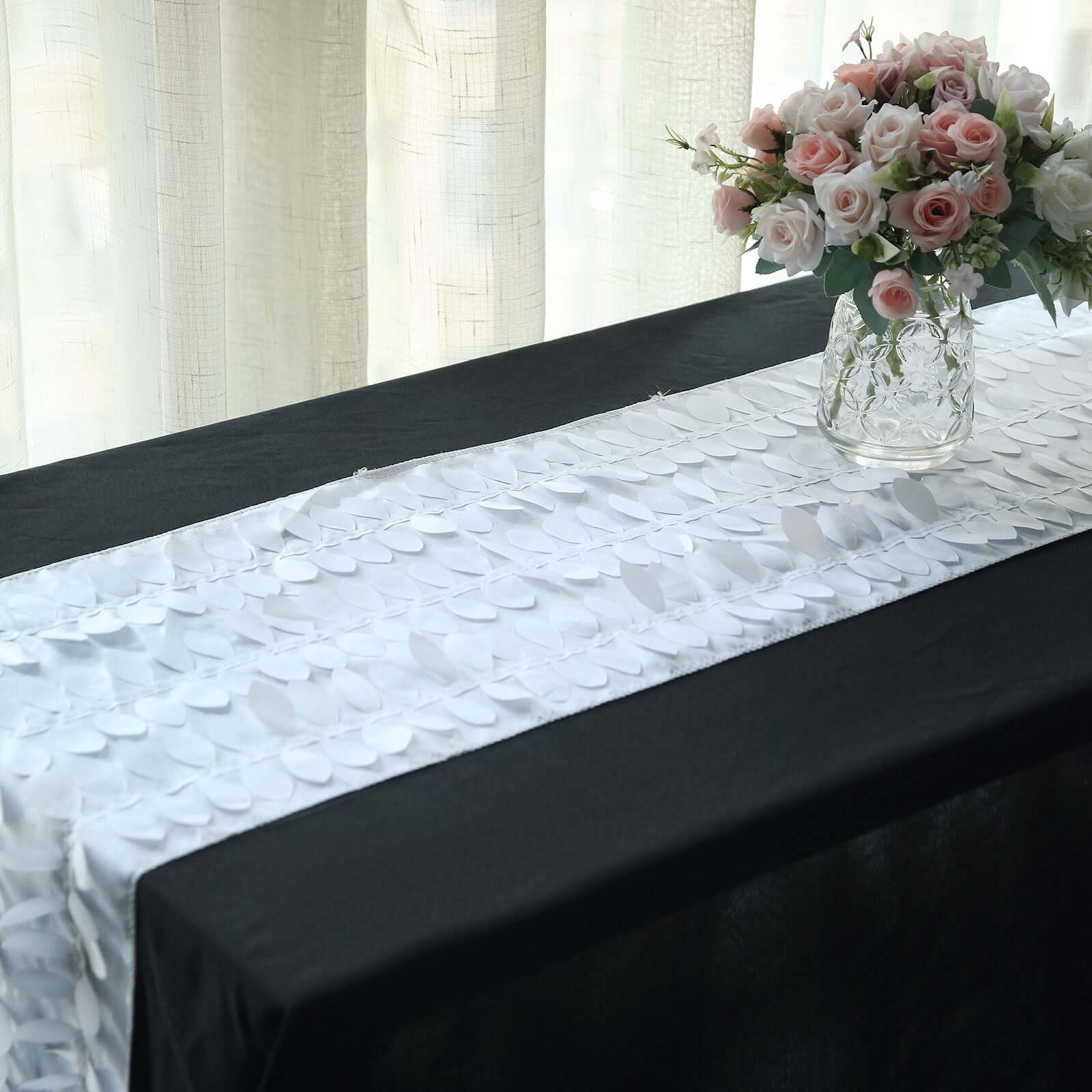 Taffeta Fabric 12"x108" Table Runner White 3D Leaf Petal - Stylish Wedding Decor