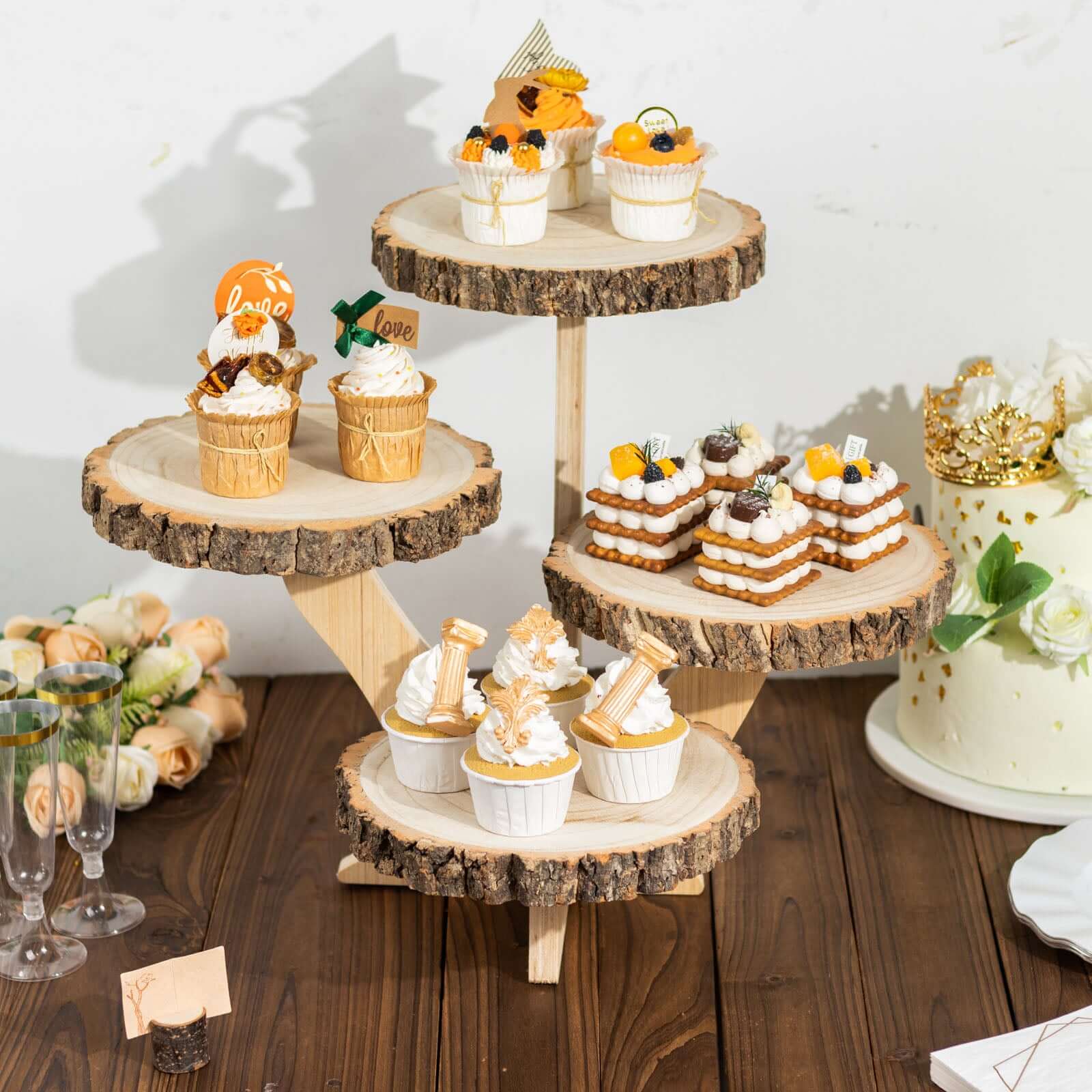 4-Tier Wooden Cupcake Stand Farmhouse Style Natural Wood Slice Design - Rustic Dessert Display Cake Holder 15" Tall