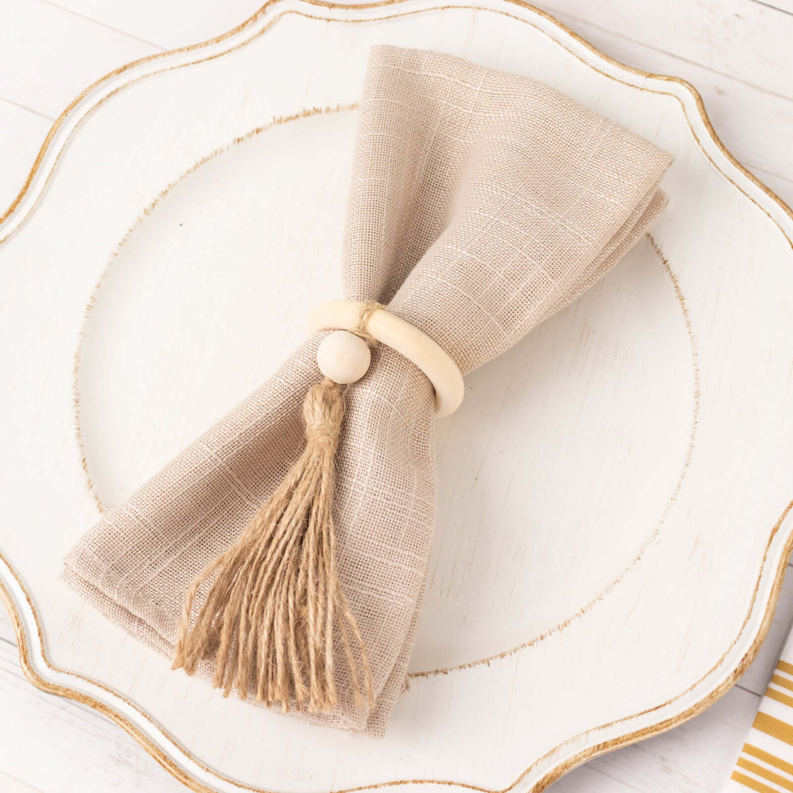 4 Pack Cream Wooden Napkin Rings with Woven Jute Beaded Tassel, Rustic Boho Chic Serviette Buckles