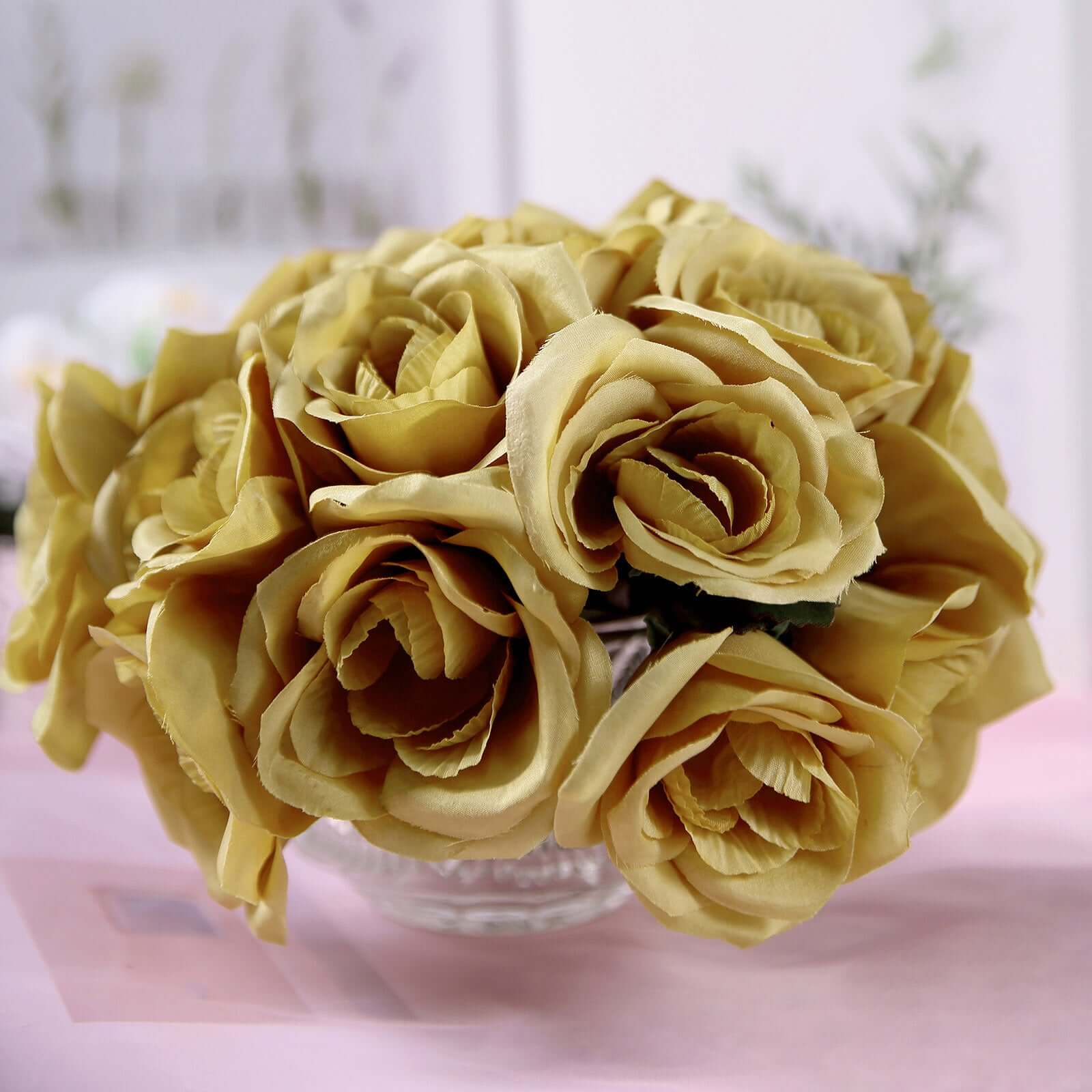 12" Gold Artificial Velvet-Like Fabric Rose Flower Bouquet Bush