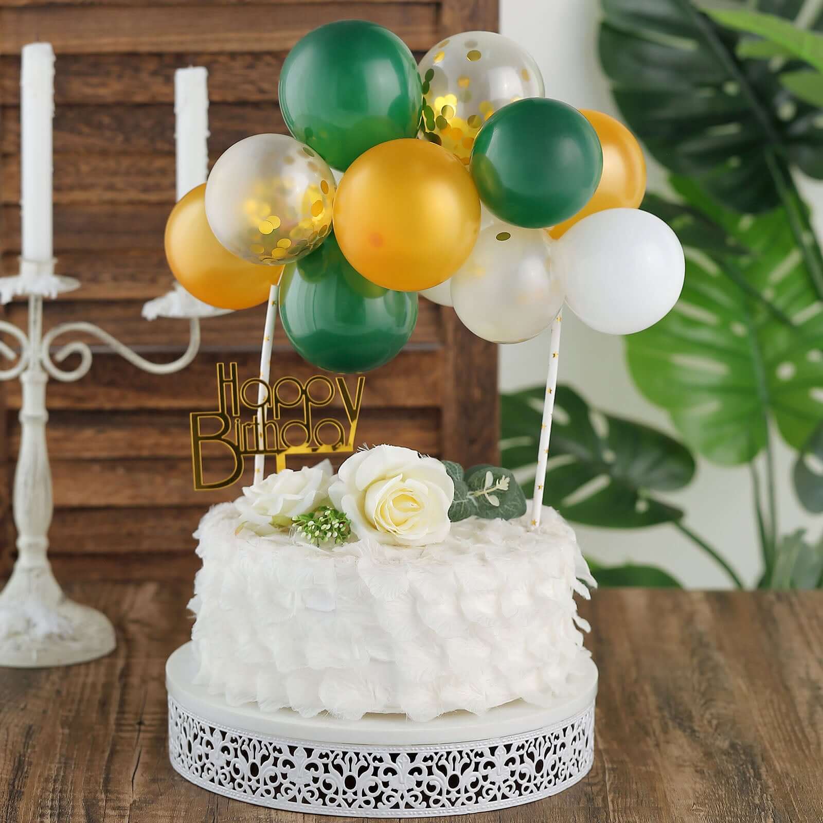 11 Pcs Balloon Cake Topper Clear, Gold, Hunter Green and White - Whimsical Clustered Mini Garland Cake Inserts DIY Party Decorations
