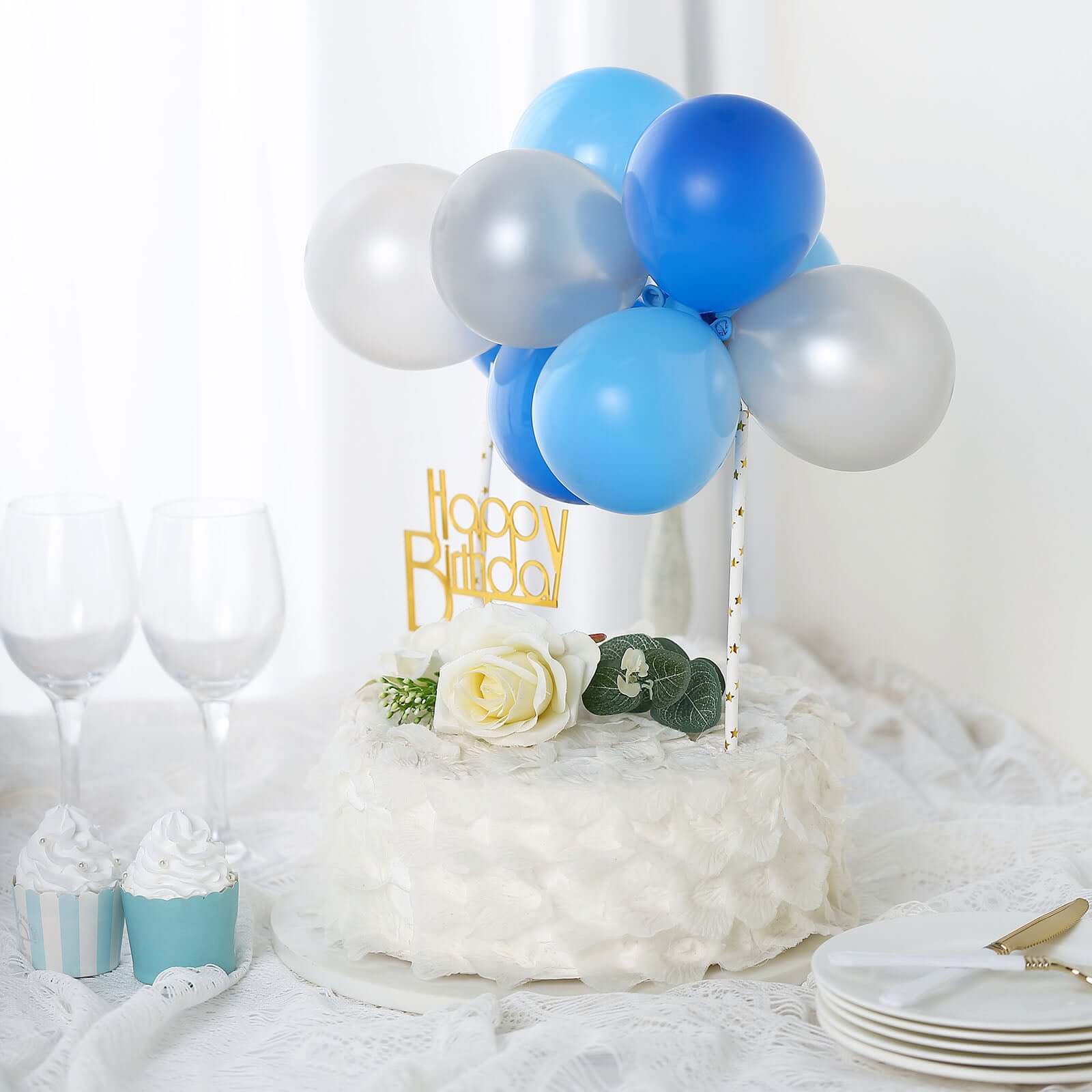 11 Pcs Balloon Cake Topper Light Blue, Royal Blue and Silver - Whimsical Clustered Mini Garland Cake Inserts DIY Party Decorations