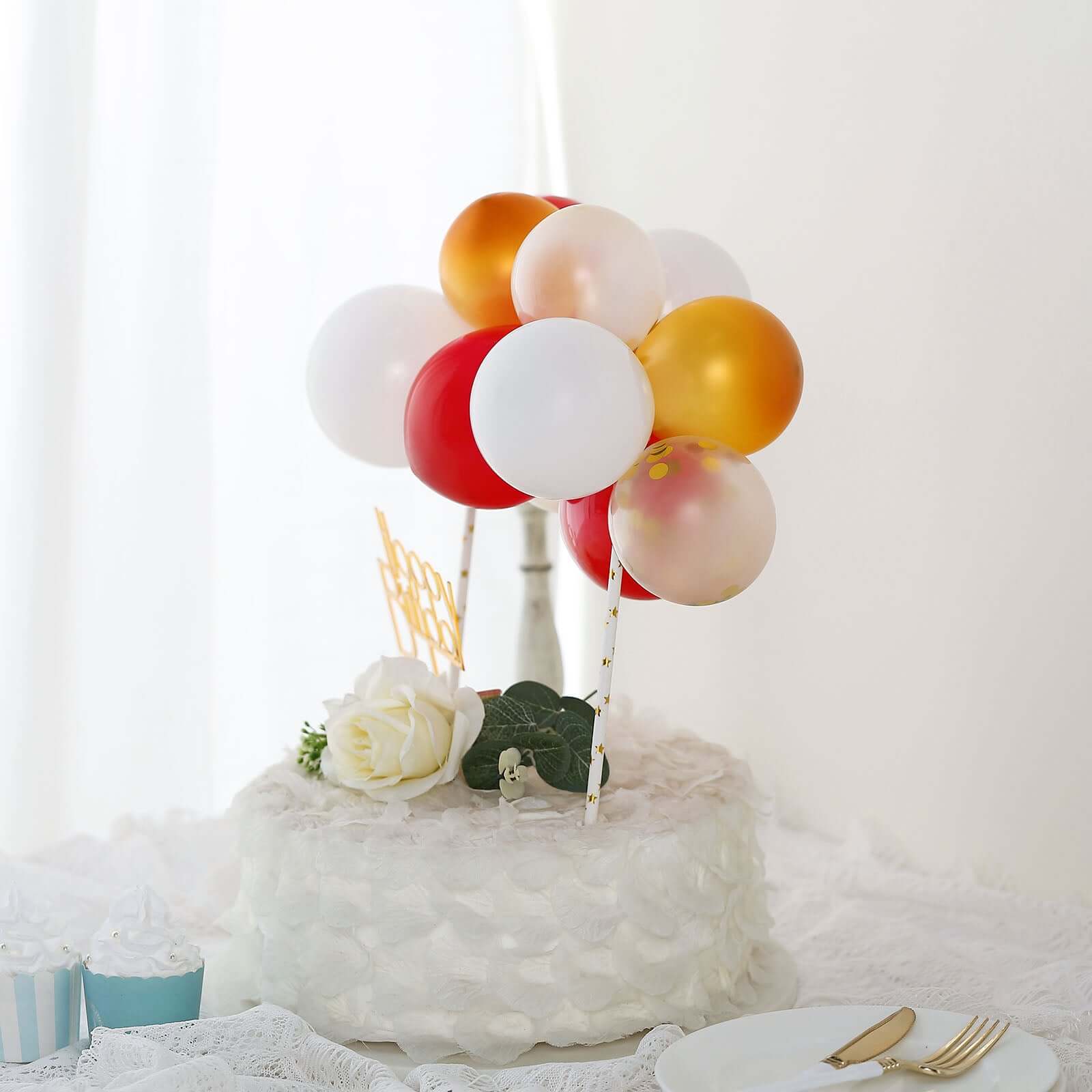 11 Pcs Balloon Cake Topper Clear, Gold, Red and White - Whimsical Clustered Mini Garland Cake Inserts DIY Party Decorations