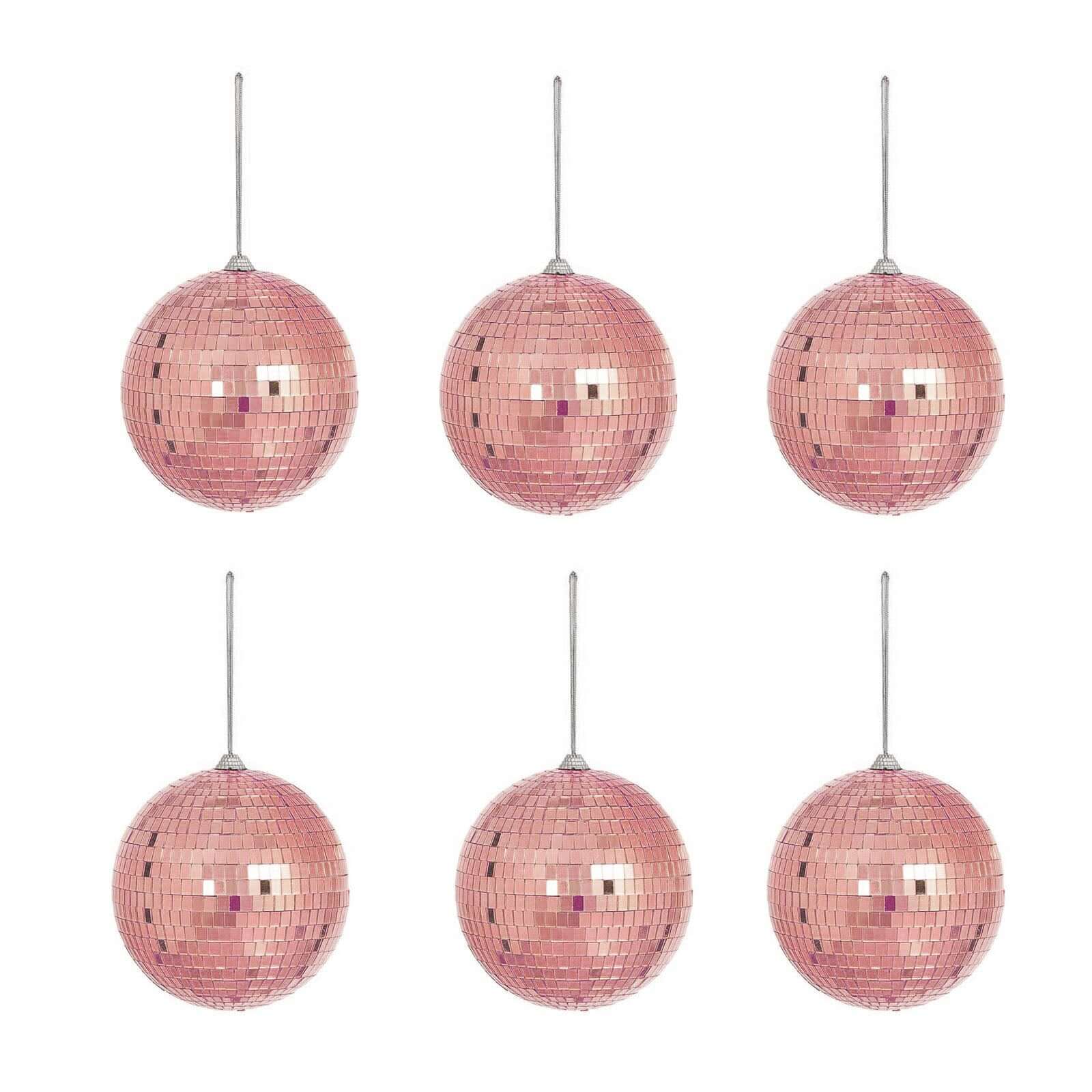 6 Pack 2" Rose Gold Foam Disco Mirror Ball With Hanging Strings, Holiday Christmas Ornaments
