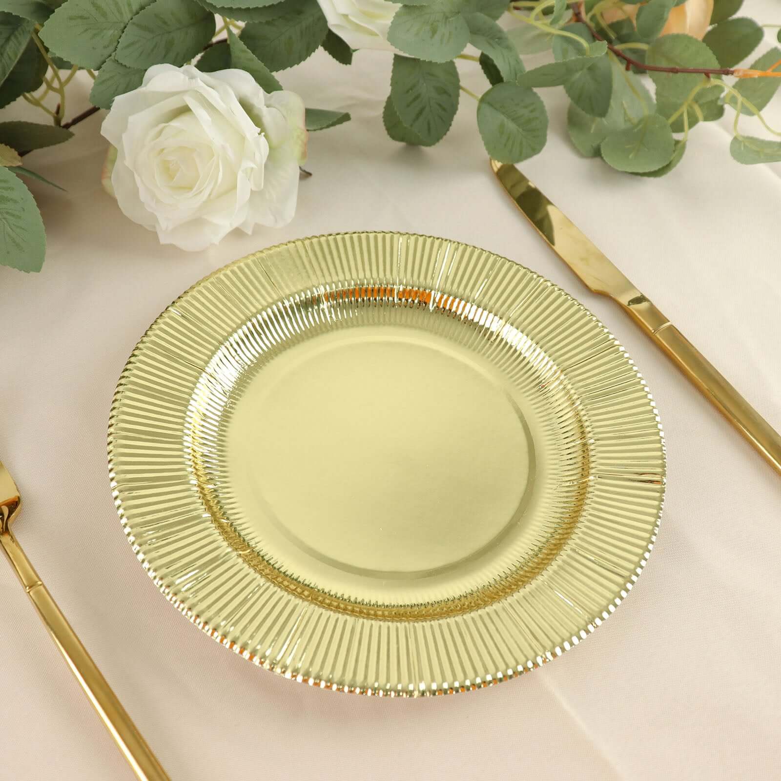 25-Pack Paper 8" Round Dessert Plates in Metallic Gold Sunray Design - Disposable Heavy Duty 350GSM Appetizer Salad Plates