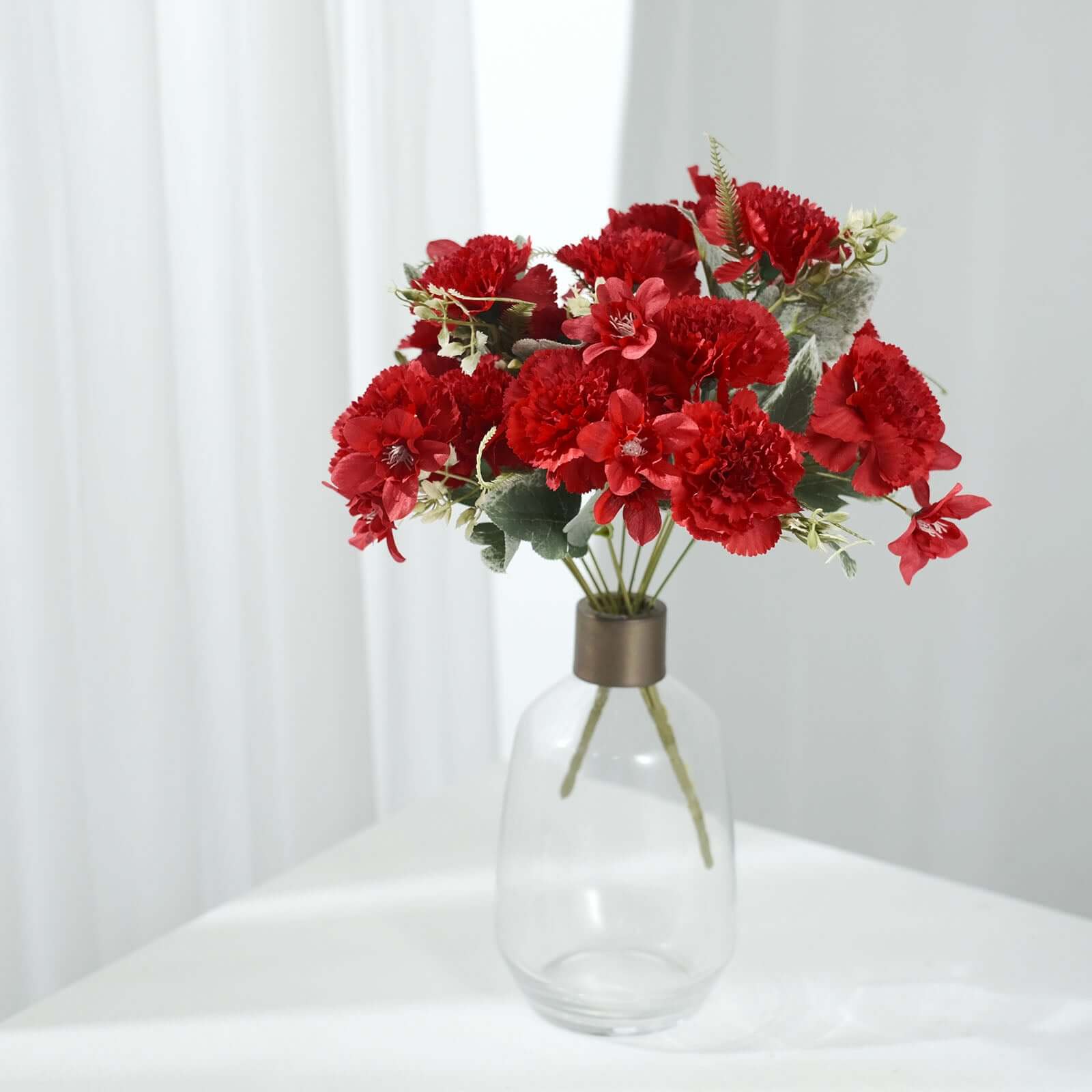 3 Pack 14" Red Artificial Silk Carnation Flower Arrangements, Faux Floral Bouquets Bushes