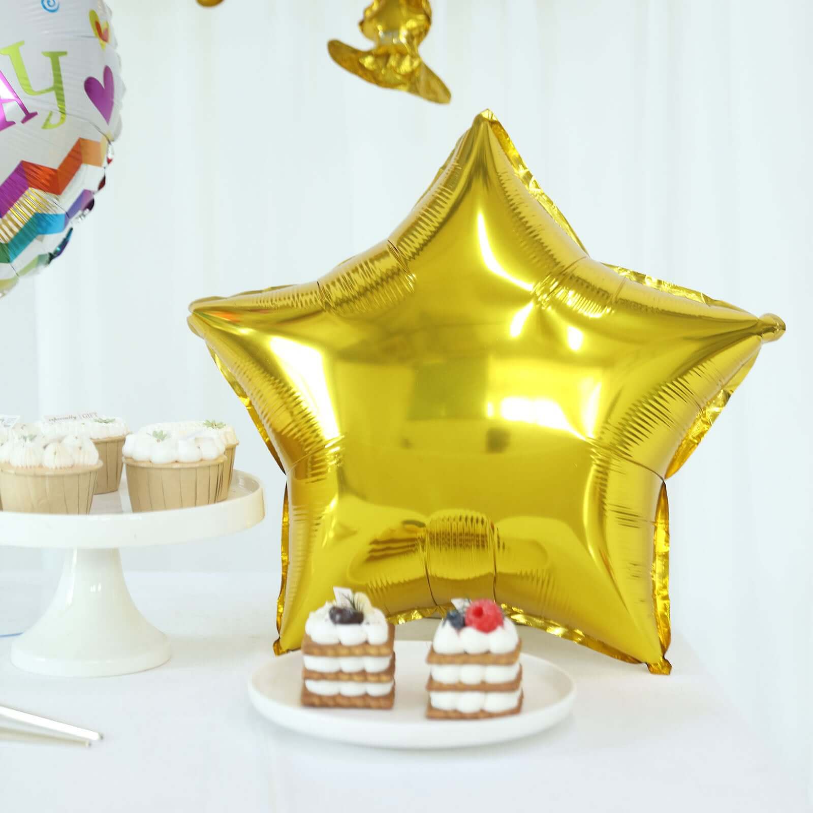 Set of 5 Colorful Happy Birthday Cake Mylar Foil Balloon Set, Round and Gold Star Balloon Bouquet With Ribbon, Birthday Party Decorations