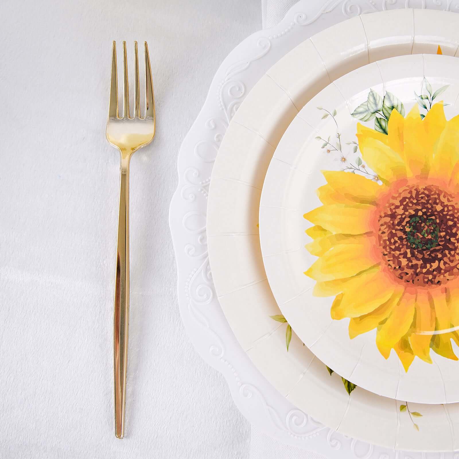 25-Pack Paper 9" Round Dinner Plates in White with Sunflower Design - Disposable Party Plates for Rustic Events & Garden Themes