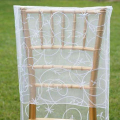 Organza Chair Slipcover with Satin Embroidery for Chiavari Chairs White - Stylish Wedding Chair Back Cover