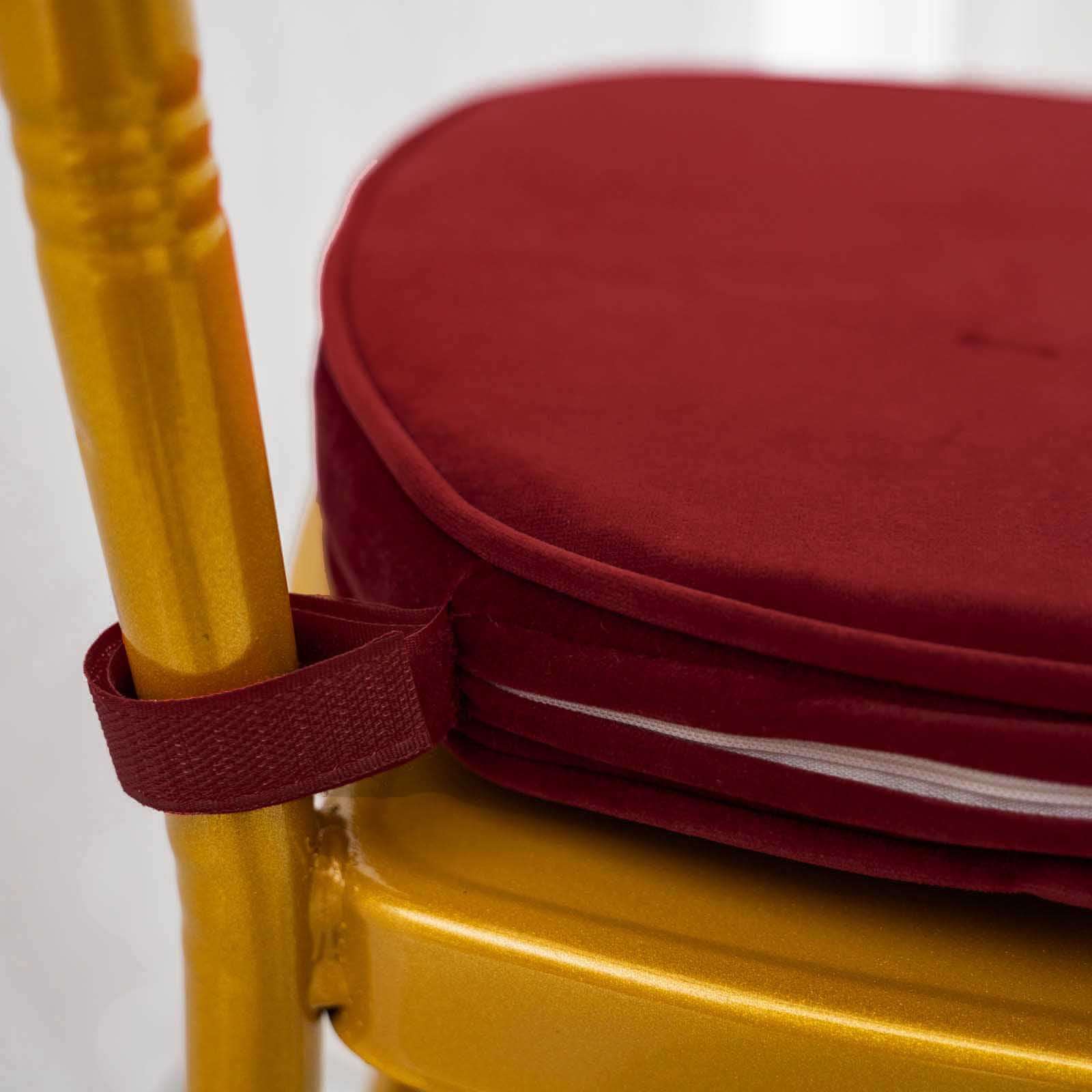 2" Thick Burgundy Velvet Chiavari Chair Pad, Memory Foam Seat Cushion With Ties and Removable Cover