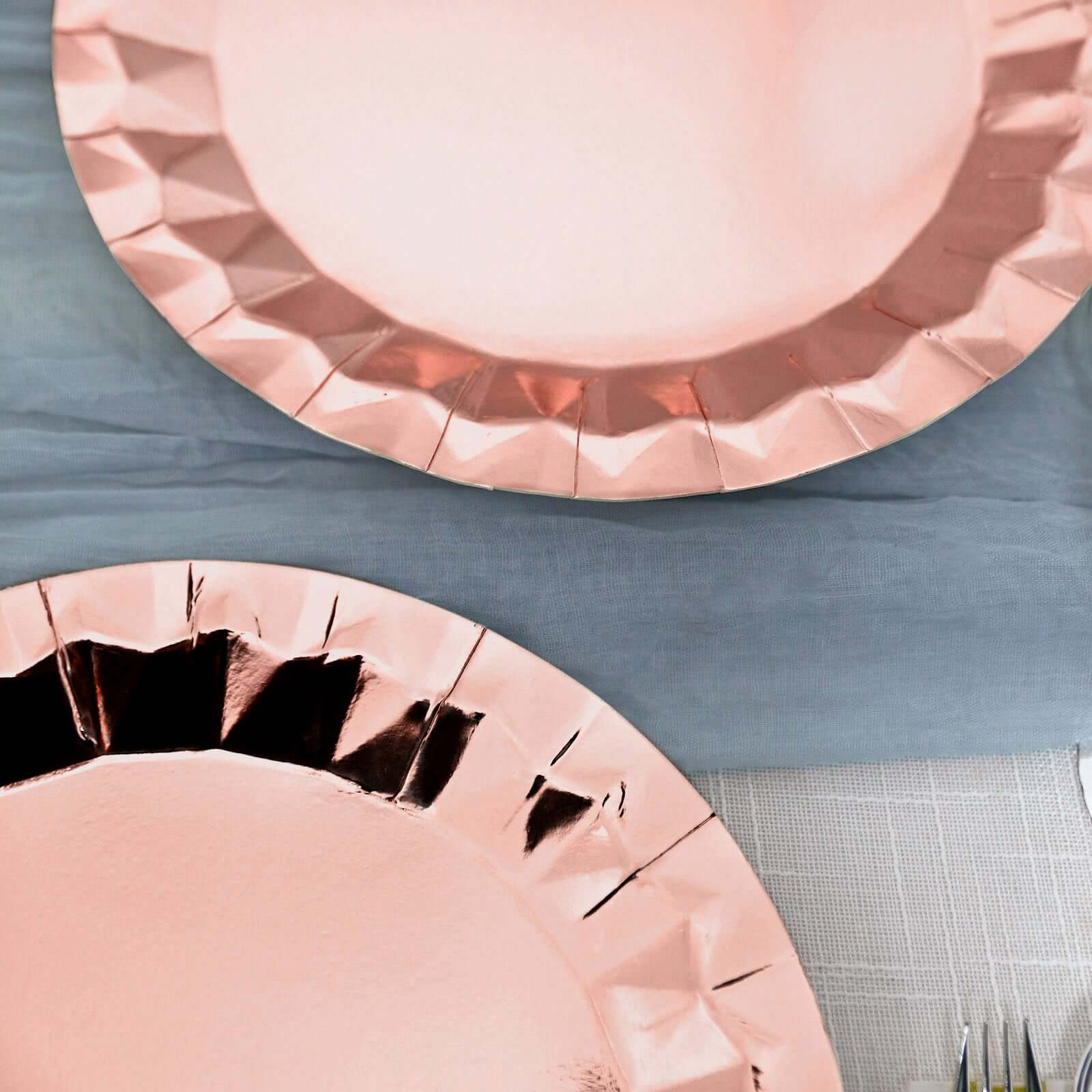 25-Pack Paper 12" Round Charger Plates in Metallic Rose Gold with Geometric Prism Design - Disposable 400GSM Serving Trays