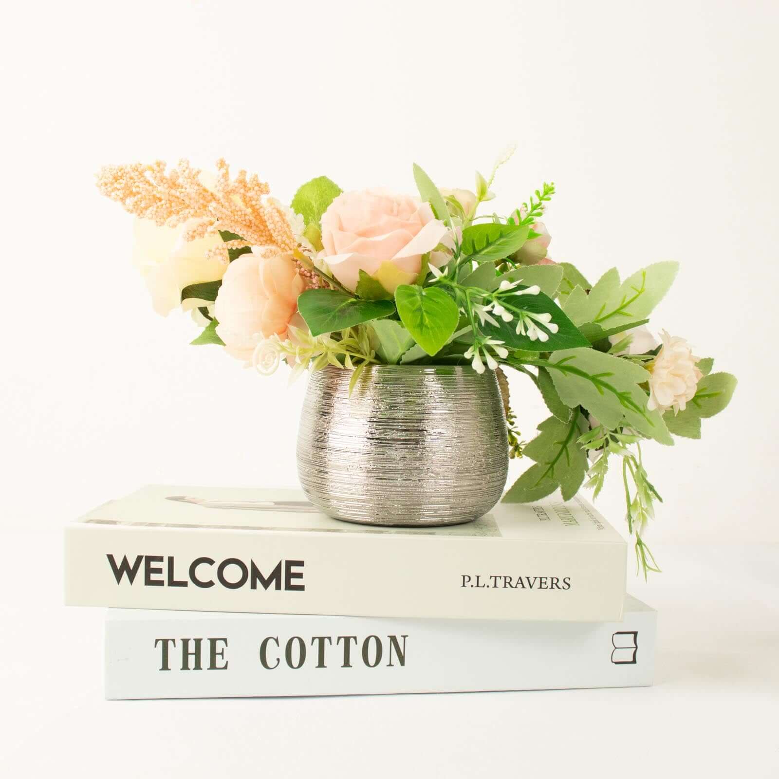 4-Pack Flower Vase Pots Textured Round Design Silver - Ceramic Brushed Indoor Planters 3"
