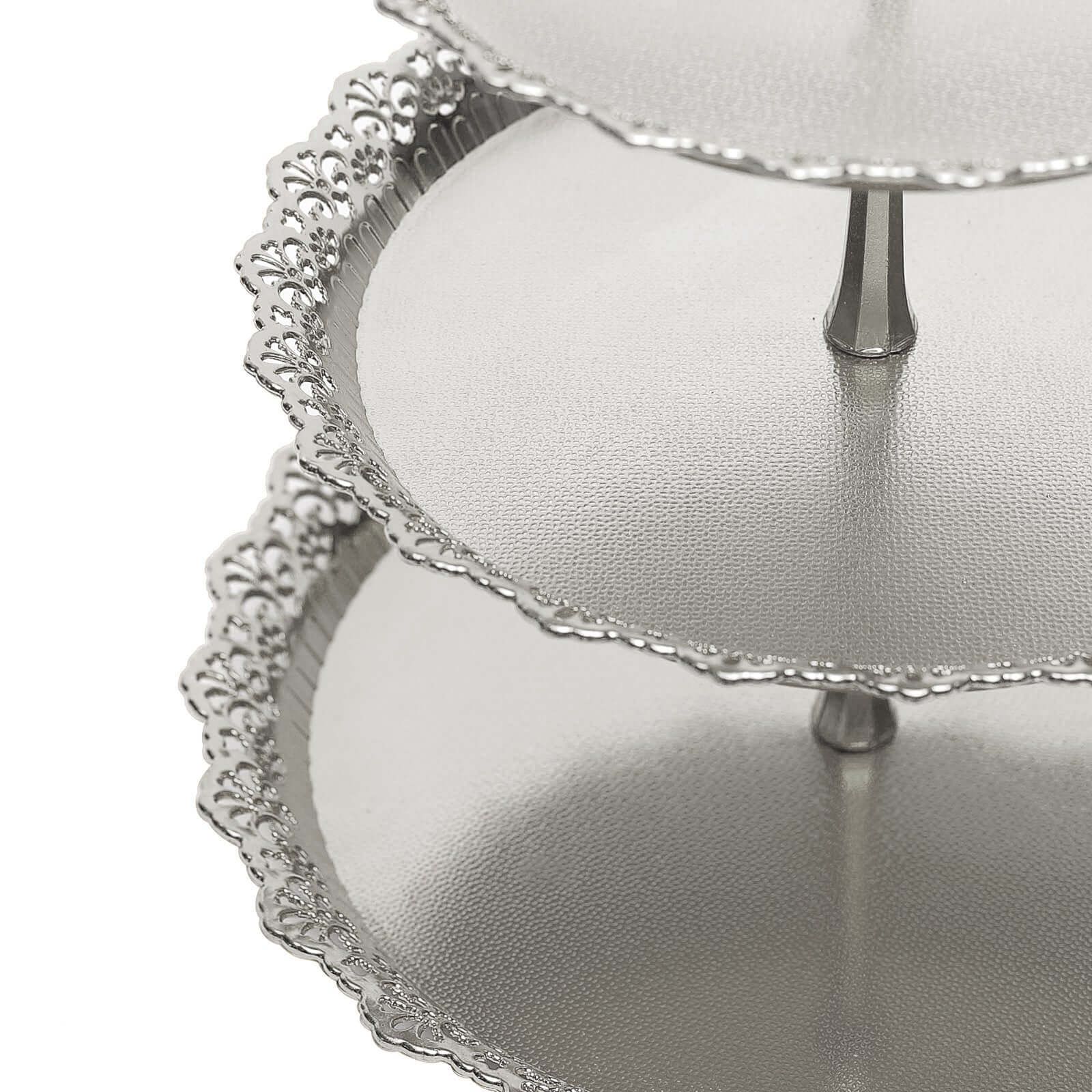 3-Tier Plastic Round Cupcake Stand 15" Metallic Silver with Lace Scalloped Edges - Multifunctional Space Saving Dessert Display Tower Pastry Serving Tray for Classy Events