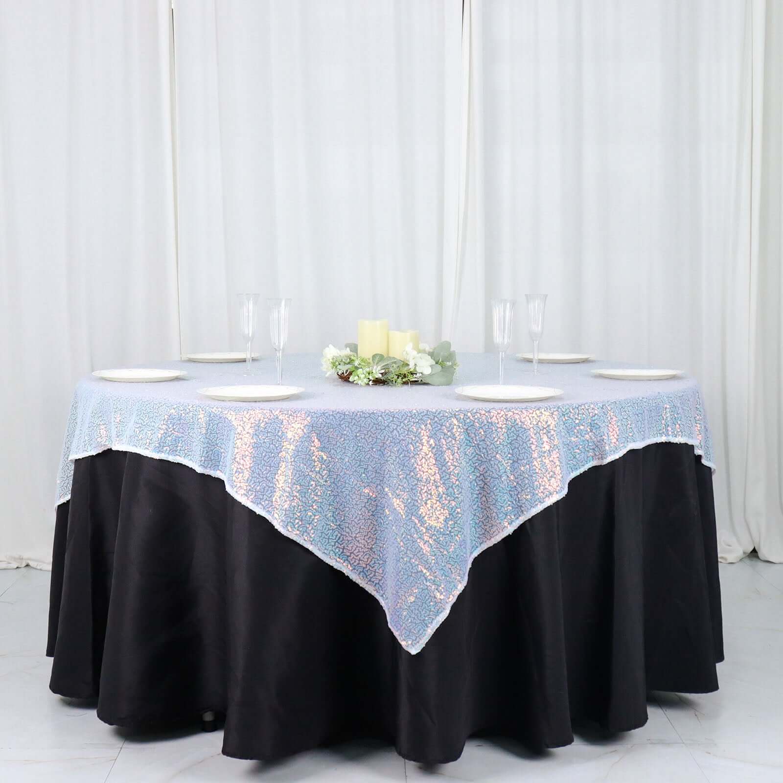 Sequin 60"x60" Table Overlay Square Tablecloth Irisdescent Blue - Luxe Wedding Table Topper