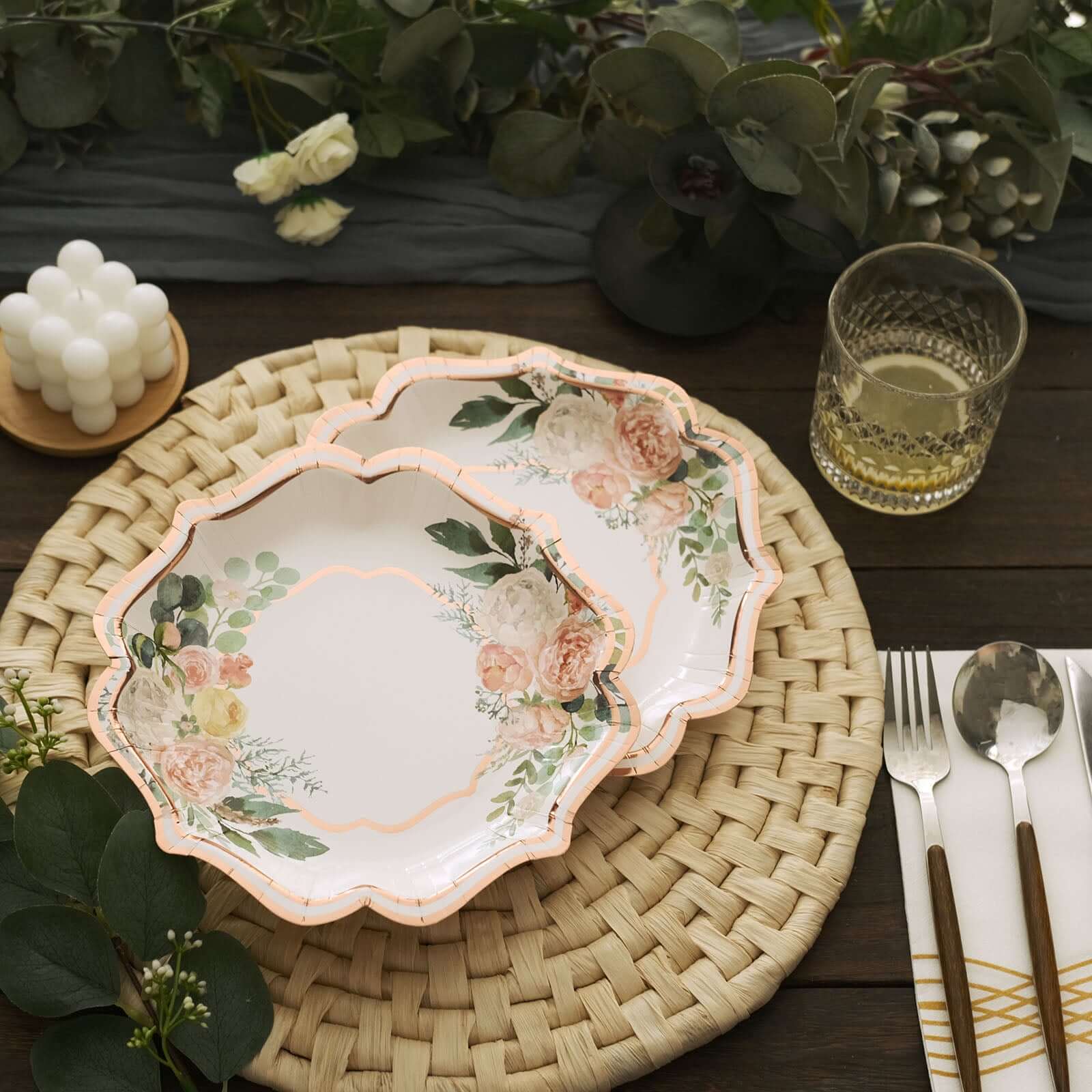 25-Pack Paper 8" Dessert Plates in White with Floral Print & Rose Gold Scallop Rim - Disposable 300GSM Appetizer Salad Plates