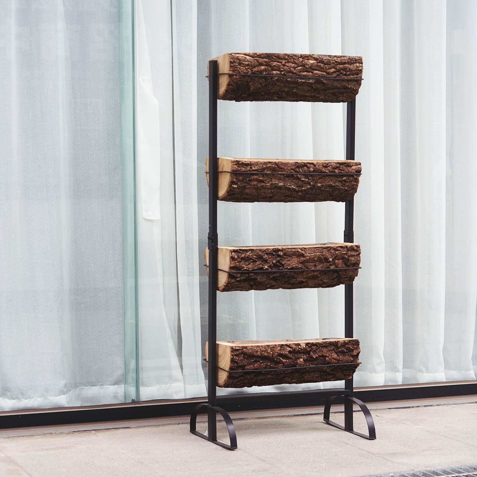 42" 4-Tier Metal Ladder Plant Stand With Natural Wooden Log Planters