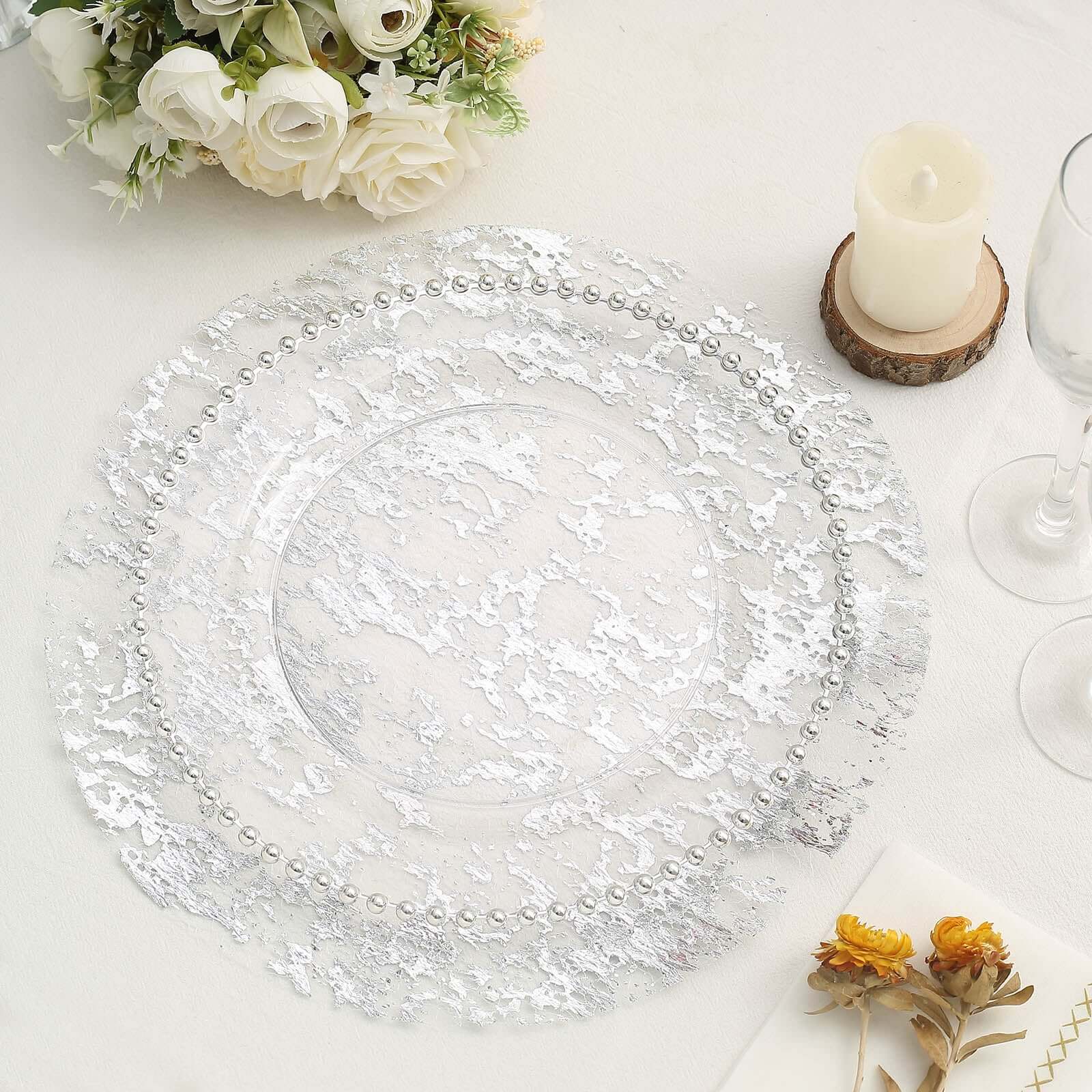 10-Pack Table Placemats Foil Design Metallic Silver Round - Mesh Disposable Shiny Dining Mats 13"