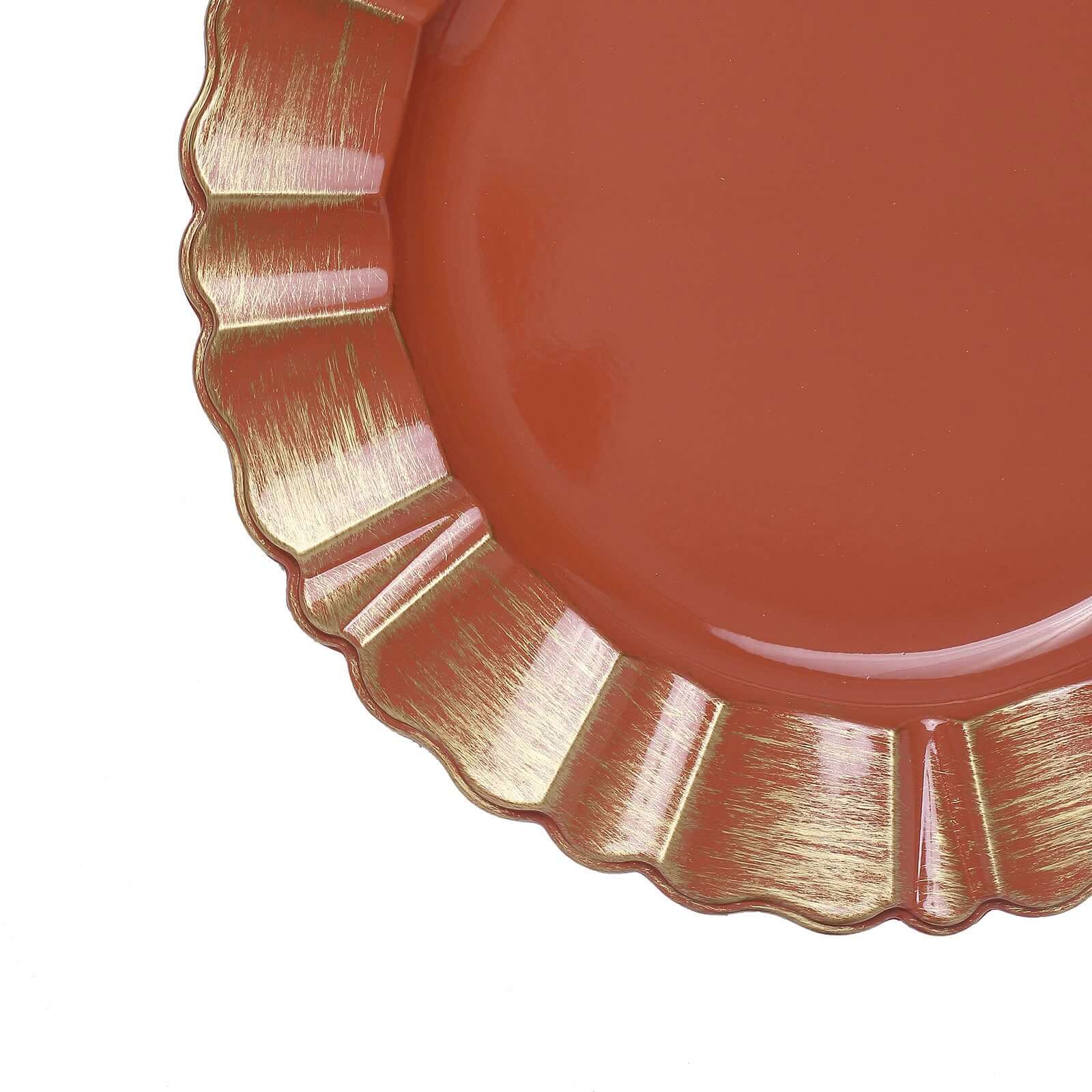 6-Pack Acrylic Plastic Round Charger Plates 13" in Terracotta (Rust) with Gold Brushed Wavy Scalloped Rim, Decorative Dinner Party Charger Tableware